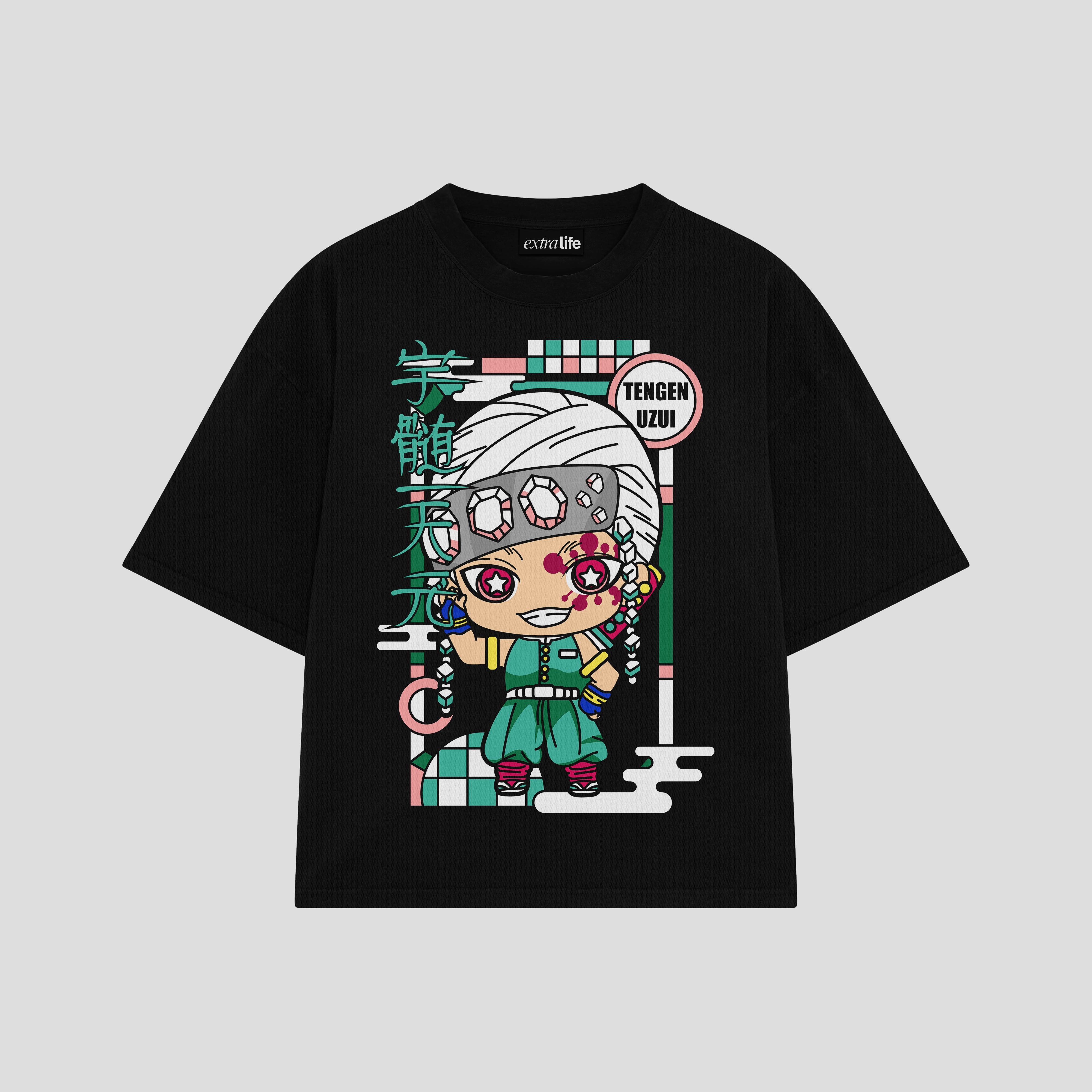 Playera streetwear premium de anime y gaming ExtraLife MX, corte boxy oversized drop shoulder heavyweight en color Deep Black y Off-White, moda urbana mexicana de culto.