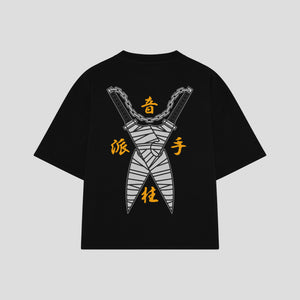 Playera streetwear premium de anime y gaming ExtraLife MX, corte boxy oversized drop shoulder heavyweight en color Deep Black y Off-White, moda urbana mexicana de culto.