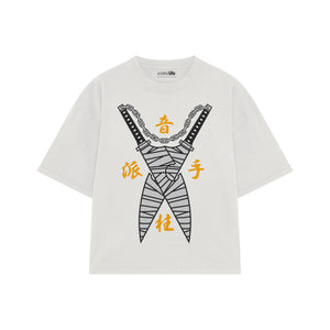 Playera streetwear premium de anime y gaming ExtraLife MX, corte boxy oversized drop shoulder heavyweight en color Deep Black y Off-White, moda urbana mexicana de culto.