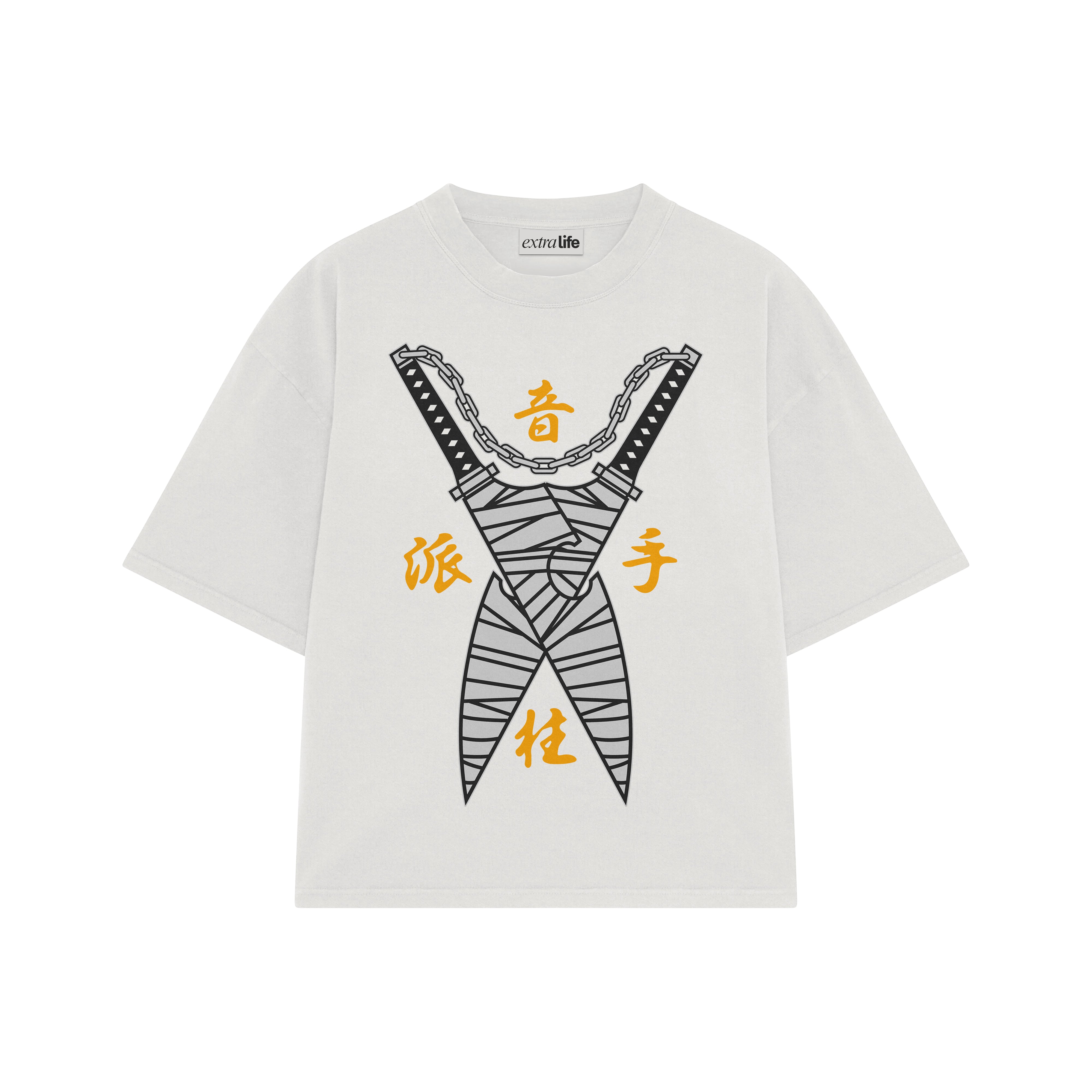 Playera streetwear premium de anime y gaming ExtraLife MX, corte boxy oversized drop shoulder heavyweight en color Deep Black y Off-White, moda urbana mexicana de culto.
