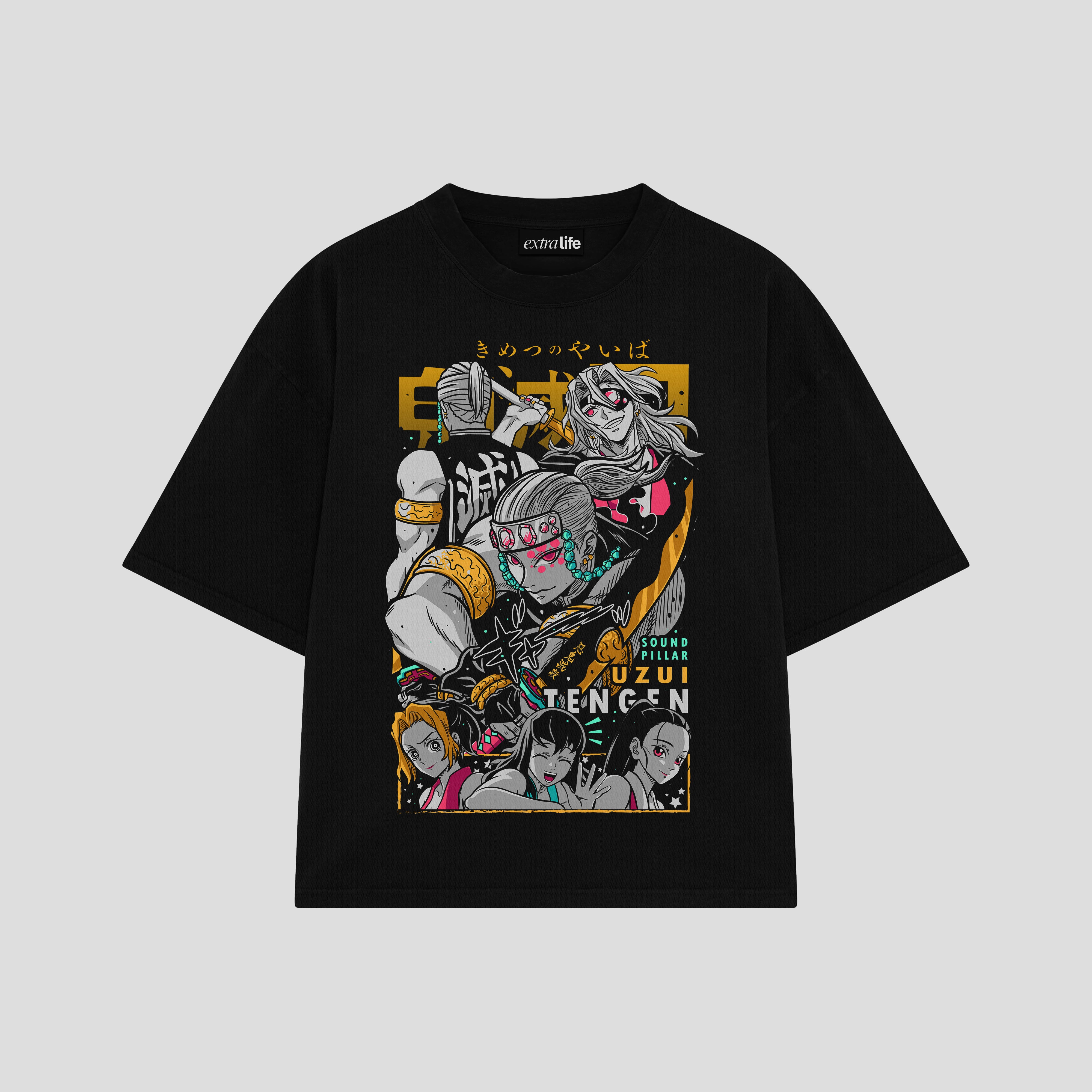Playera streetwear premium de anime y gaming ExtraLife MX, corte boxy oversized drop shoulder heavyweight en color Deep Black y Off-White, moda urbana mexicana de culto.