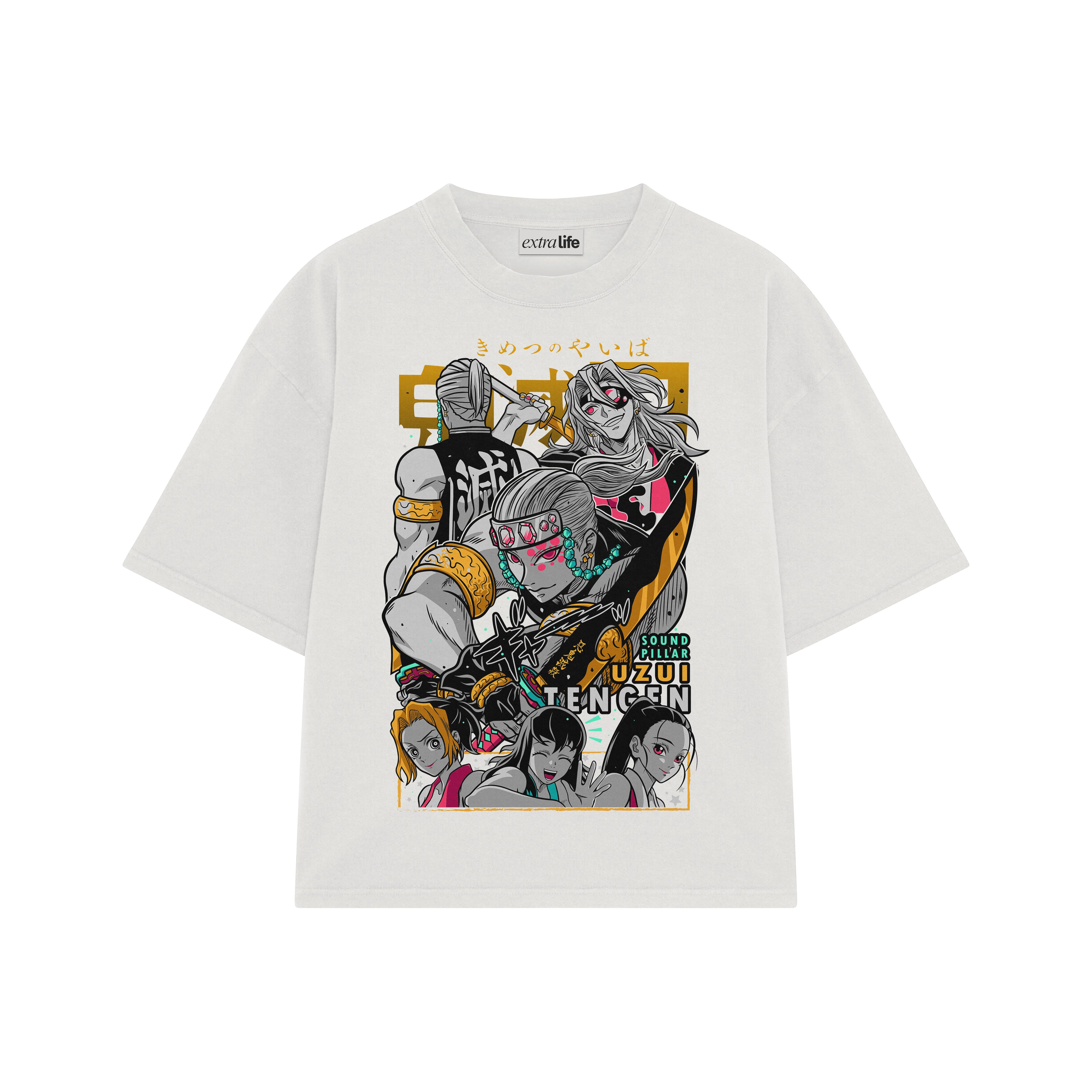 Playera streetwear premium de anime y gaming ExtraLife MX, corte boxy oversized drop shoulder heavyweight en color Deep Black y Off-White, moda urbana mexicana de culto.