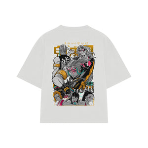 Playera streetwear premium de anime y gaming ExtraLife MX, corte boxy oversized drop shoulder heavyweight en color Deep Black y Off-White, moda urbana mexicana de culto.