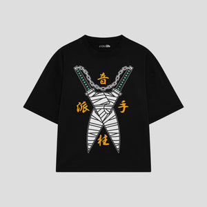 Playera streetwear premium de anime y gaming ExtraLife MX, corte boxy oversized drop shoulder heavyweight en color Deep Black y Off-White, moda urbana mexicana de culto.