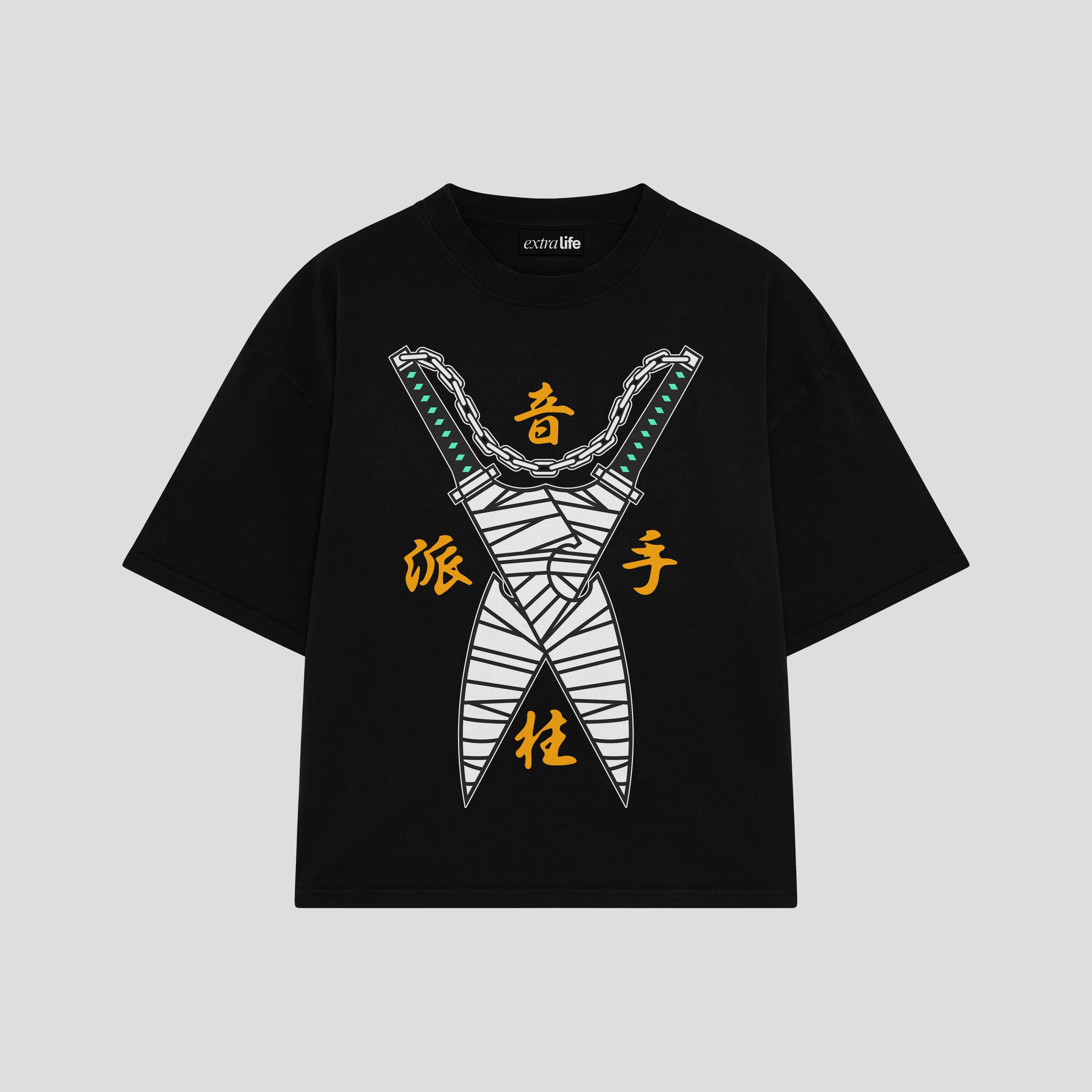 Playera streetwear premium de anime y gaming ExtraLife MX, corte boxy oversized drop shoulder heavyweight en color Deep Black y Off-White, moda urbana mexicana de culto.