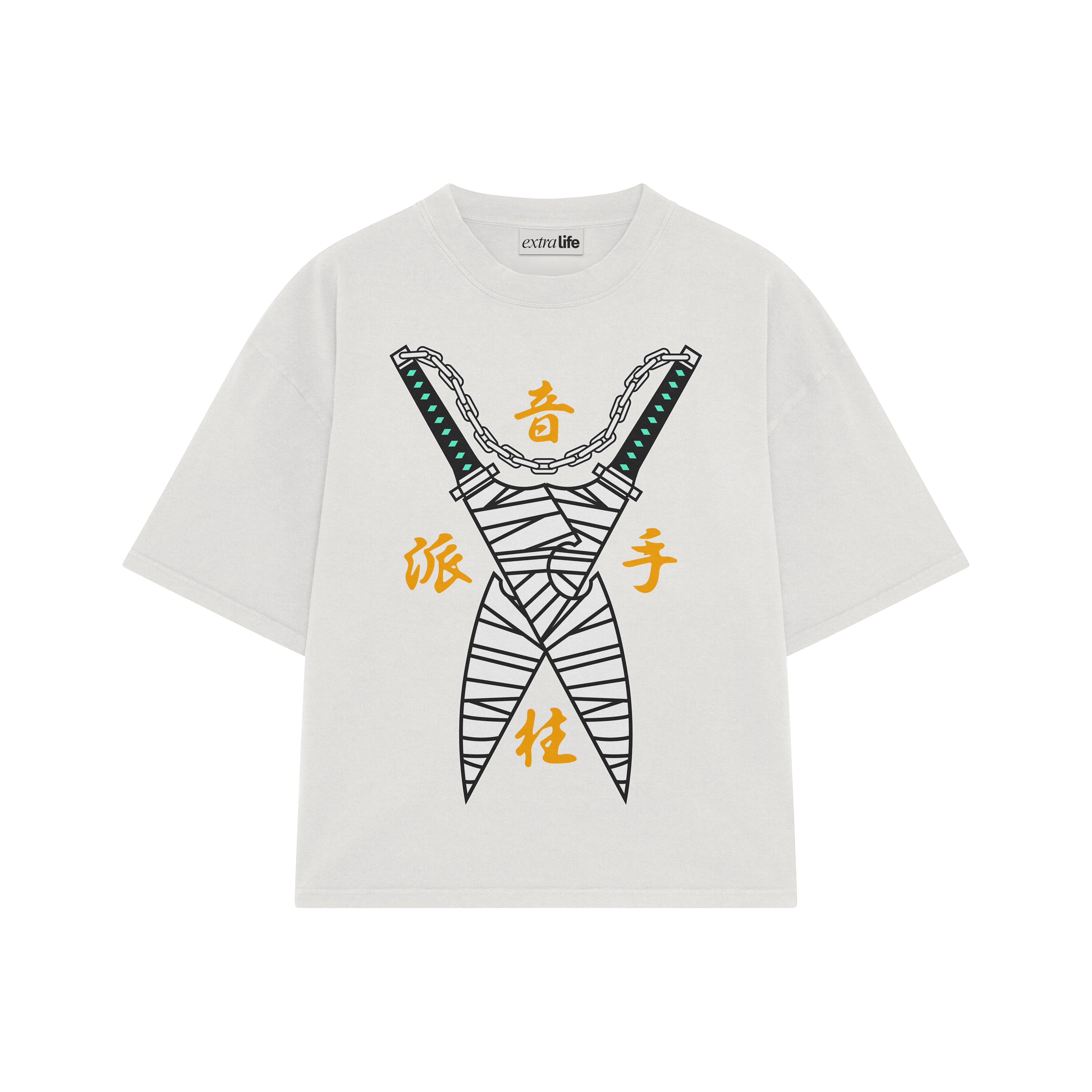 Playera streetwear premium de anime y gaming ExtraLife MX, corte boxy oversized drop shoulder heavyweight en color Deep Black y Off-White, moda urbana mexicana de culto.
