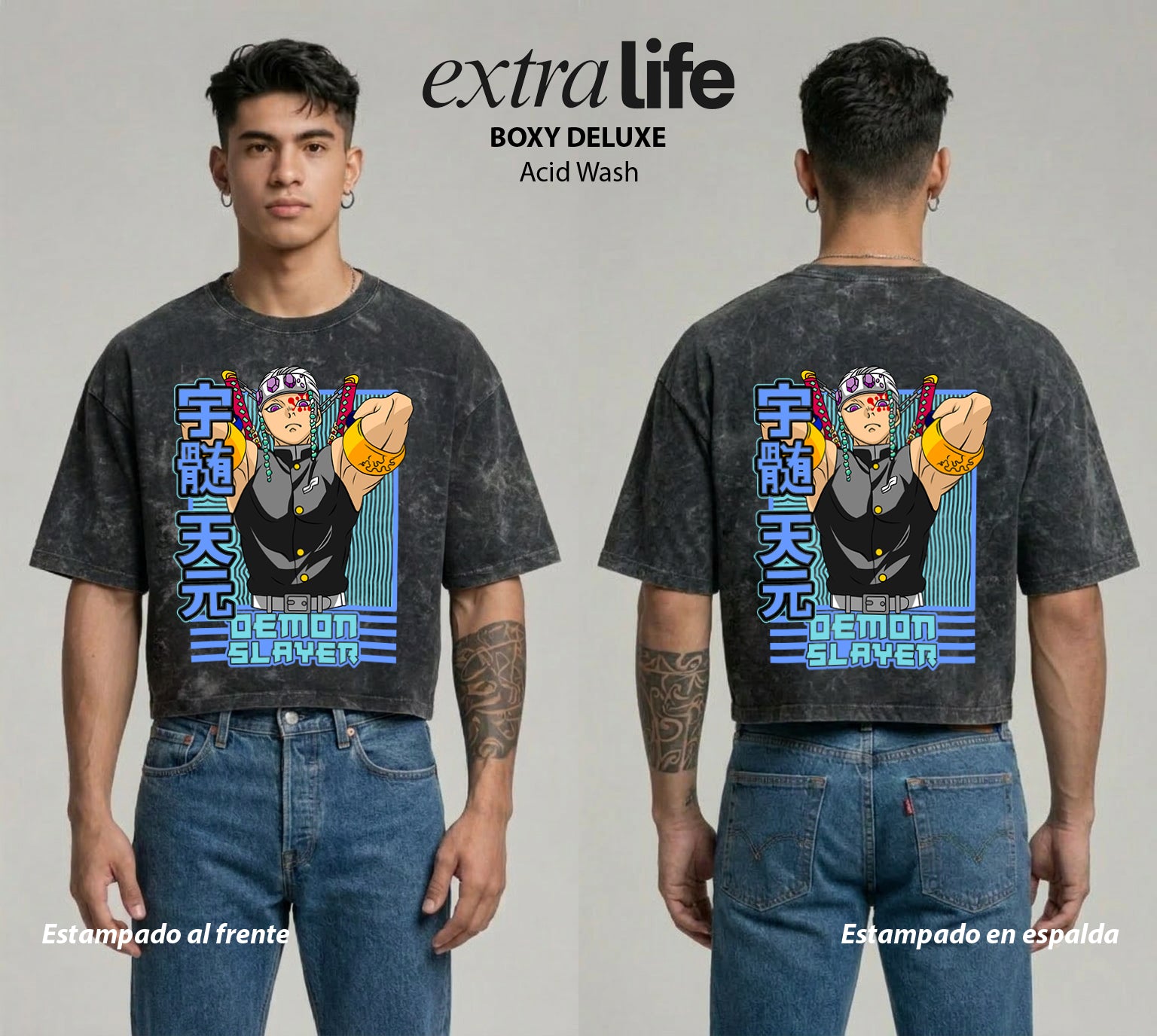 Playera streetwear premium de anime y gaming ExtraLife MX, corte boxy deluxe mineral wash heavyweight en color Acid Wash, moda urbana mexicana de culto.