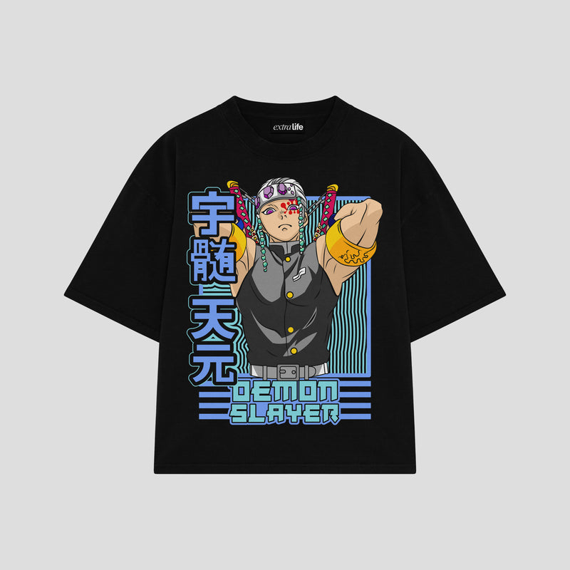 Playera streetwear premium de anime y gaming ExtraLife MX, corte boxy oversized drop shoulder heavyweight en color Deep Black y Off-White, moda urbana mexicana de culto.