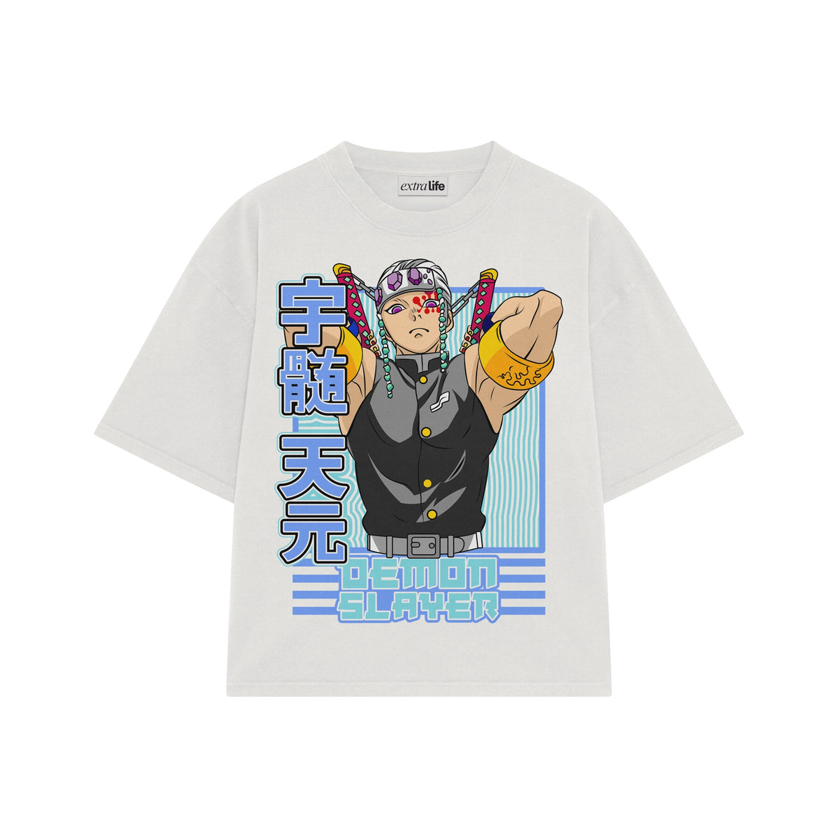 Playera streetwear premium de anime y gaming ExtraLife MX, corte oversized drop shoulder ligero y fresco en color Deep Black y Off-White, moda urbana mexicana de culto.