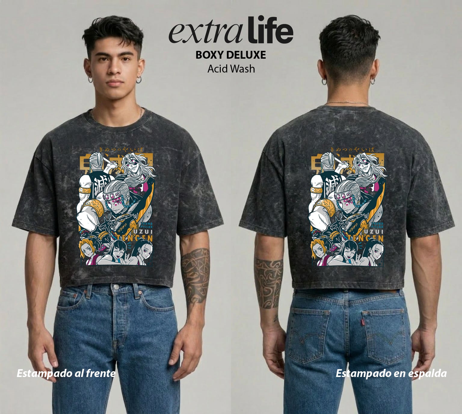 Playera streetwear premium de anime y gaming ExtraLife MX, corte boxy deluxe mineral wash heavyweight en color Acid Wash, moda urbana mexicana de culto.