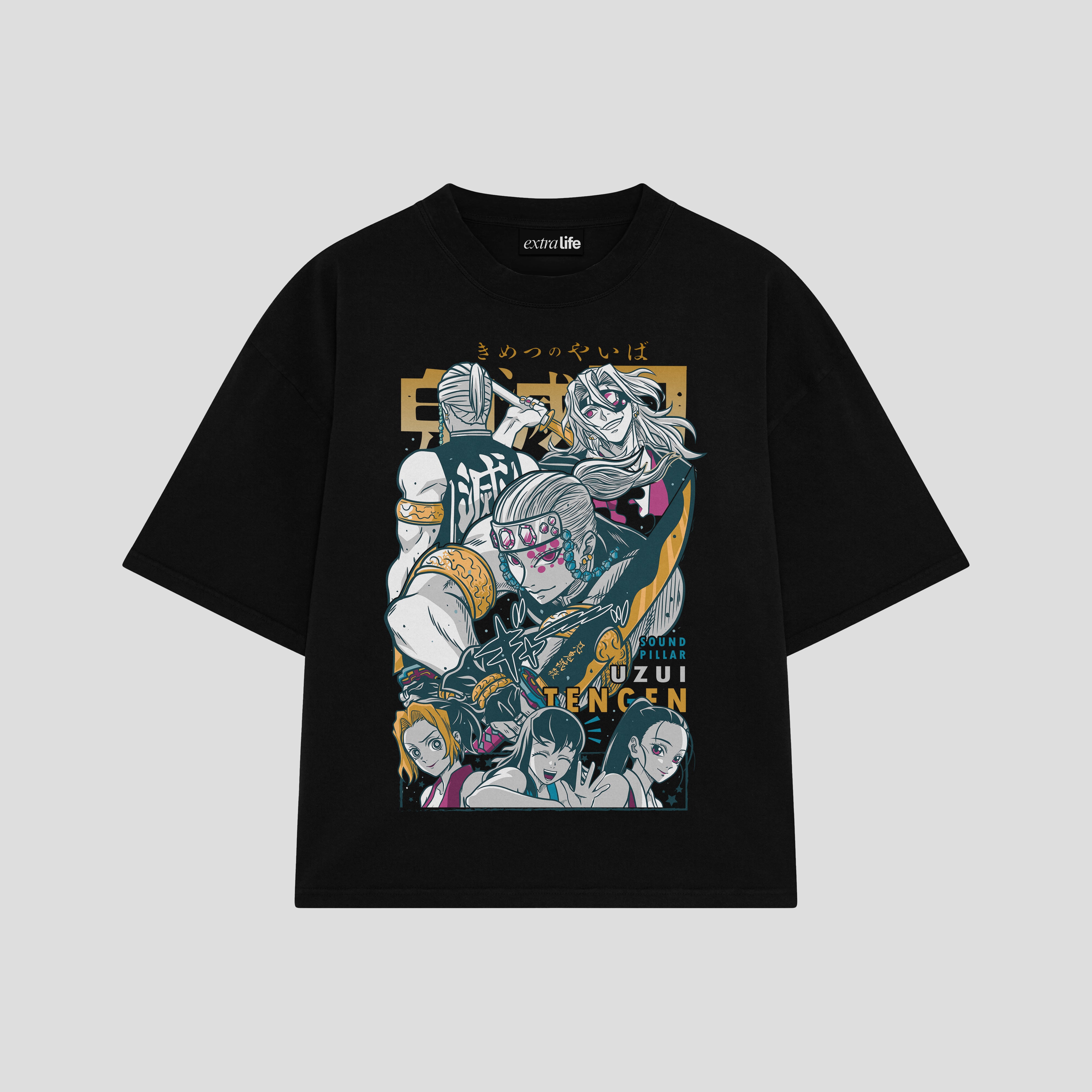 Playera streetwear premium de anime y gaming ExtraLife MX, corte boxy oversized drop shoulder heavyweight en color Deep Black y Off-White, moda urbana mexicana de culto.