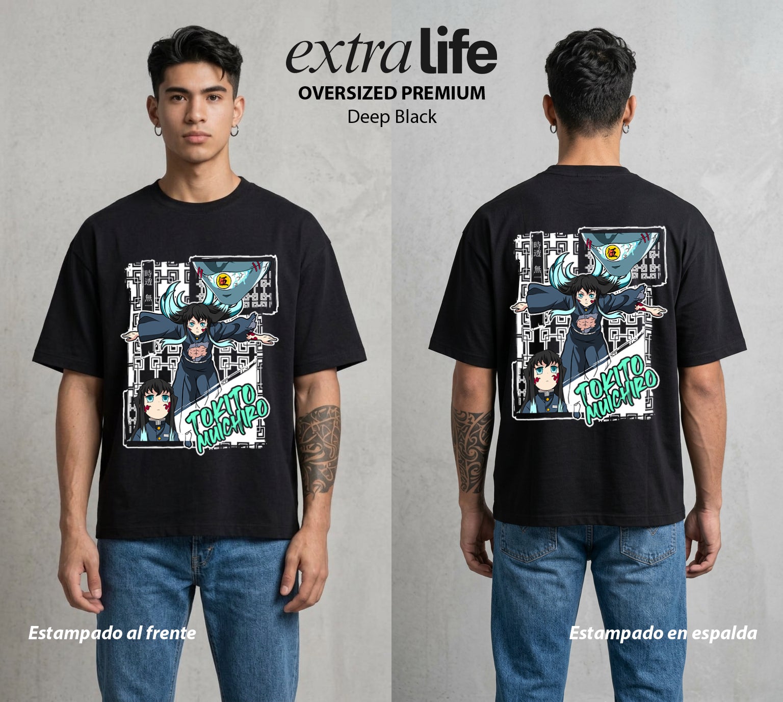 Cazadores de la Noche | Demon Slayer Tokito #01246 - Playera Oversized Premium | Deep Black - Foto en modelo