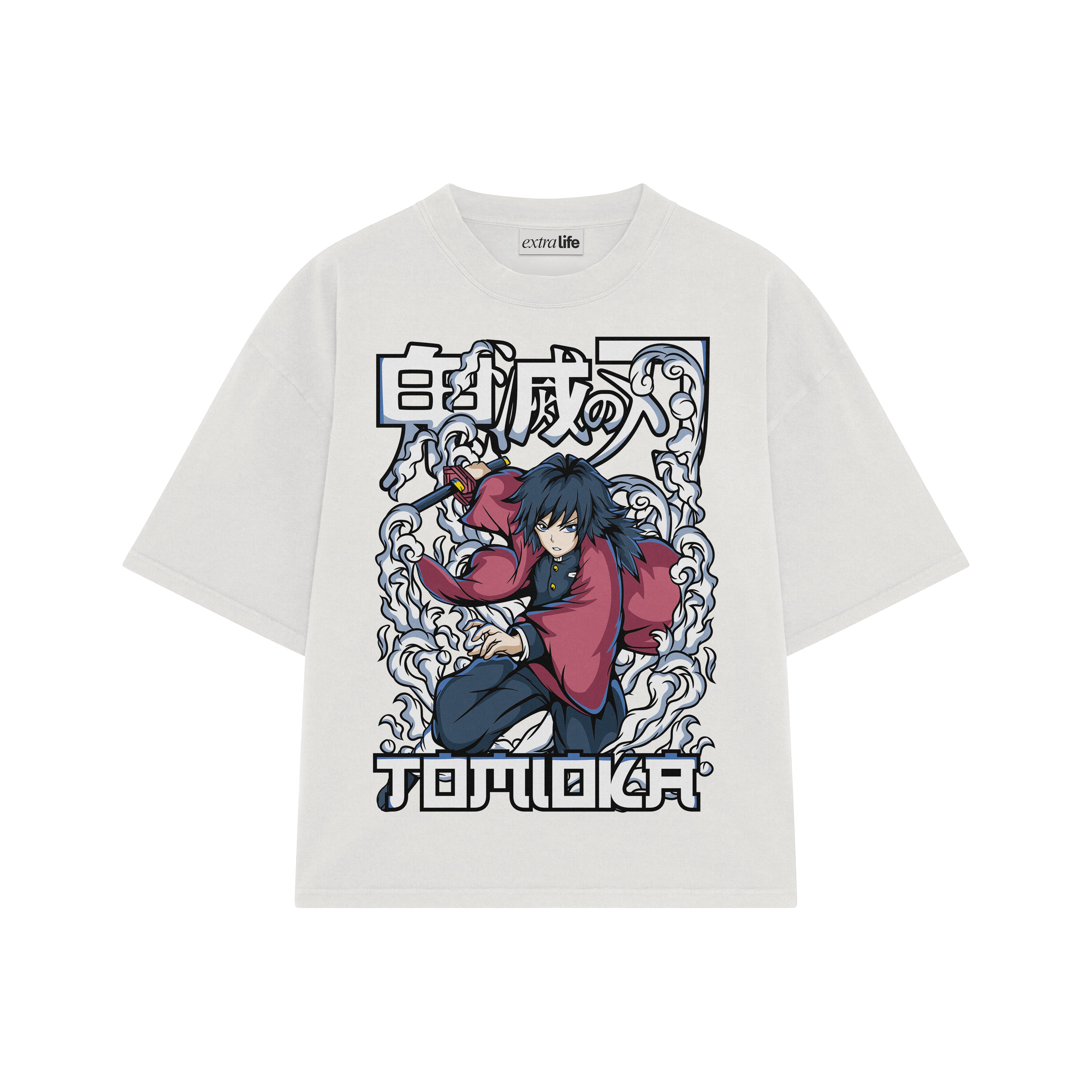 Playera streetwear premium de anime y gaming ExtraLife MX, corte boxy oversized drop shoulder heavyweight en color Deep Black y Off-White, moda urbana mexicana de culto.