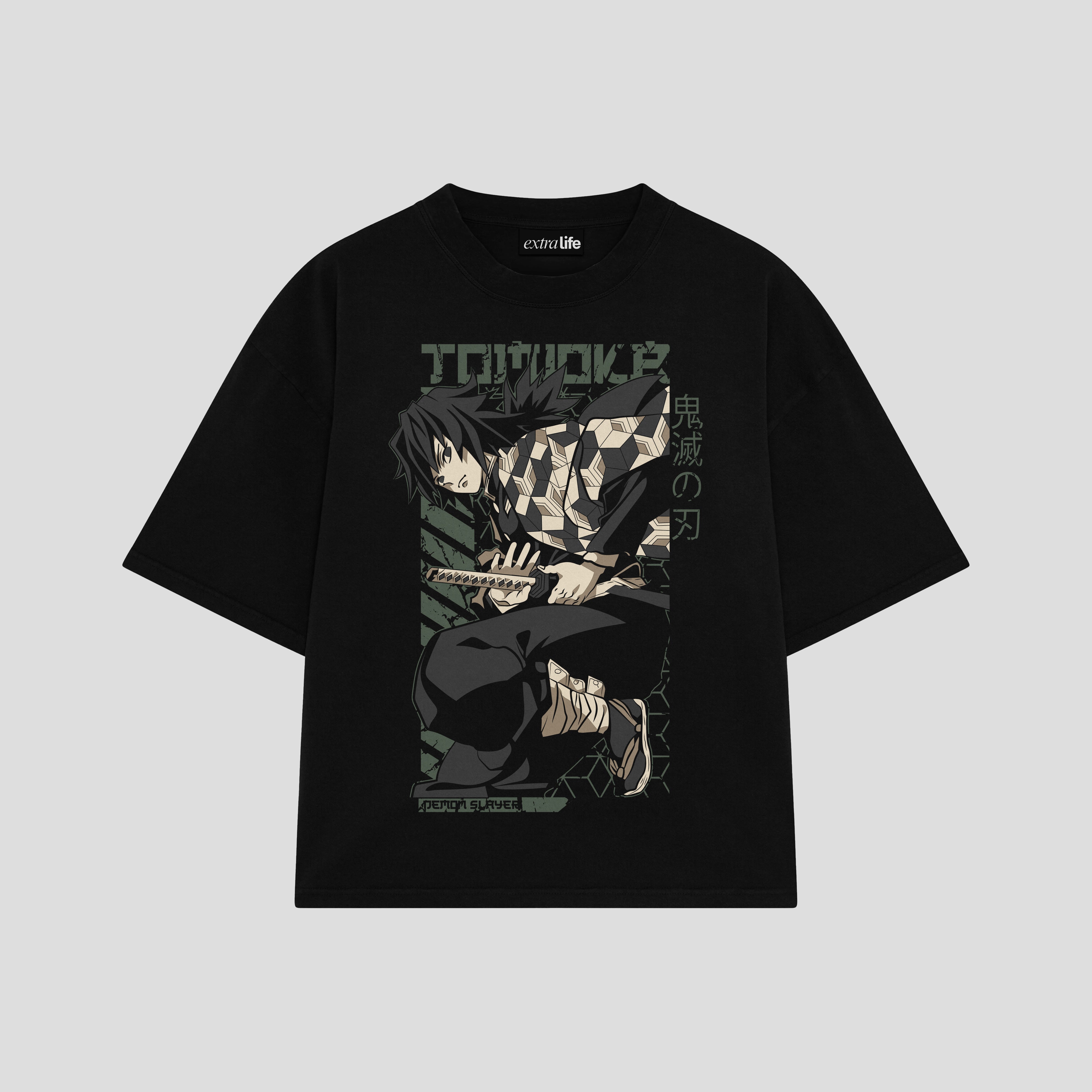 Playera streetwear premium de anime y gaming ExtraLife MX, corte boxy oversized drop shoulder heavyweight en color Deep Black y Off-White, moda urbana mexicana de culto.