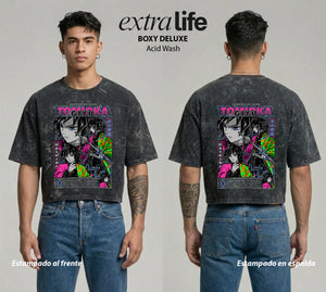 Playera streetwear premium de anime y gaming ExtraLife MX, corte boxy deluxe mineral wash heavyweight en color Acid Wash, moda urbana mexicana de culto.