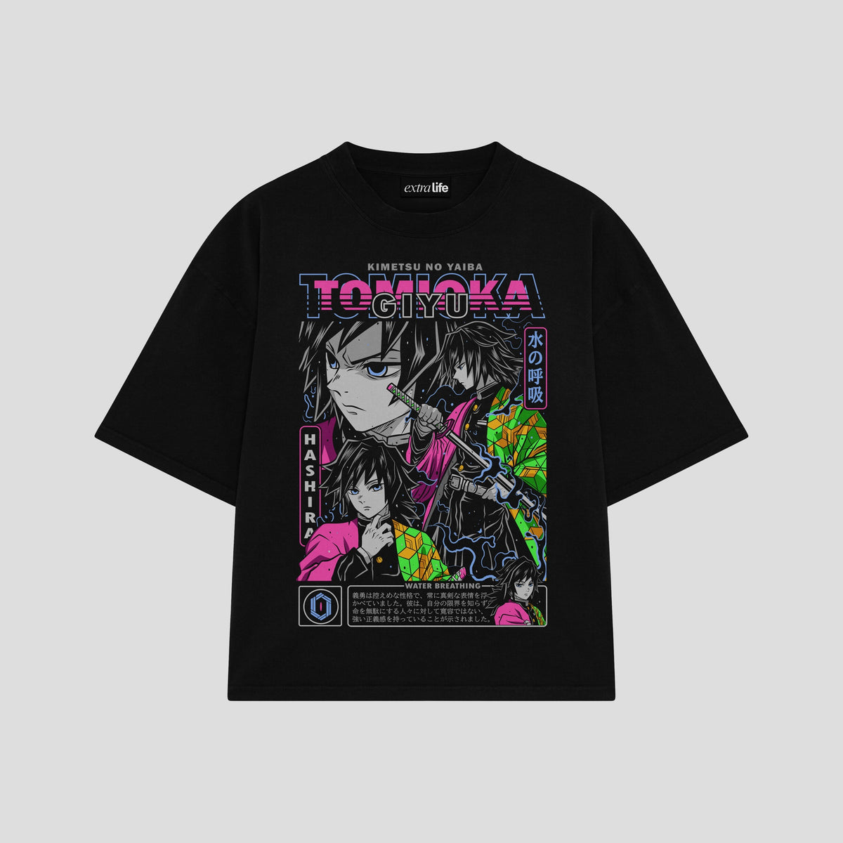 Playera streetwear premium de anime y gaming ExtraLife MX, corte oversized drop shoulder ligero y fresco en color Deep Black y Off-White, moda urbana mexicana de culto.