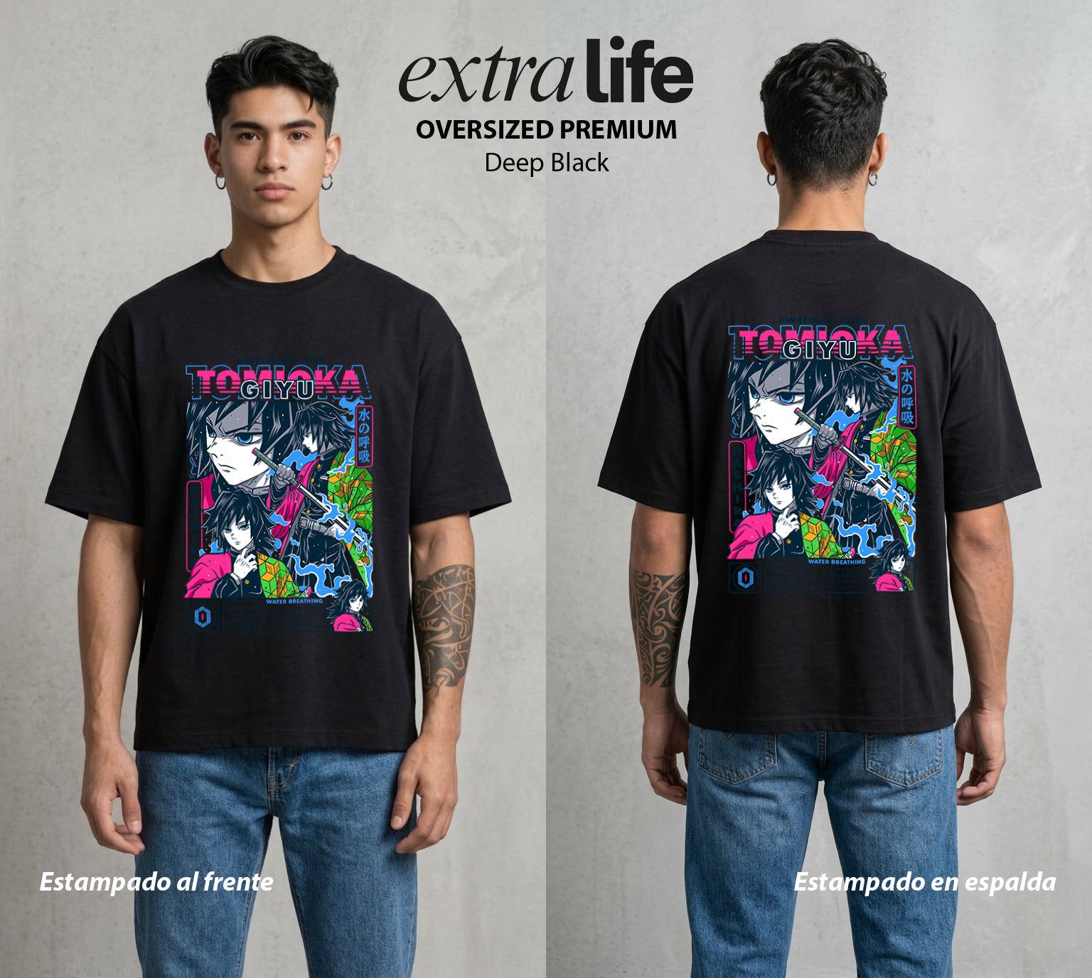 Cazadores de la Noche | Demon Slayer Tomioka #01254 - Playera Oversized Premium | Deep Black - Foto en modelo