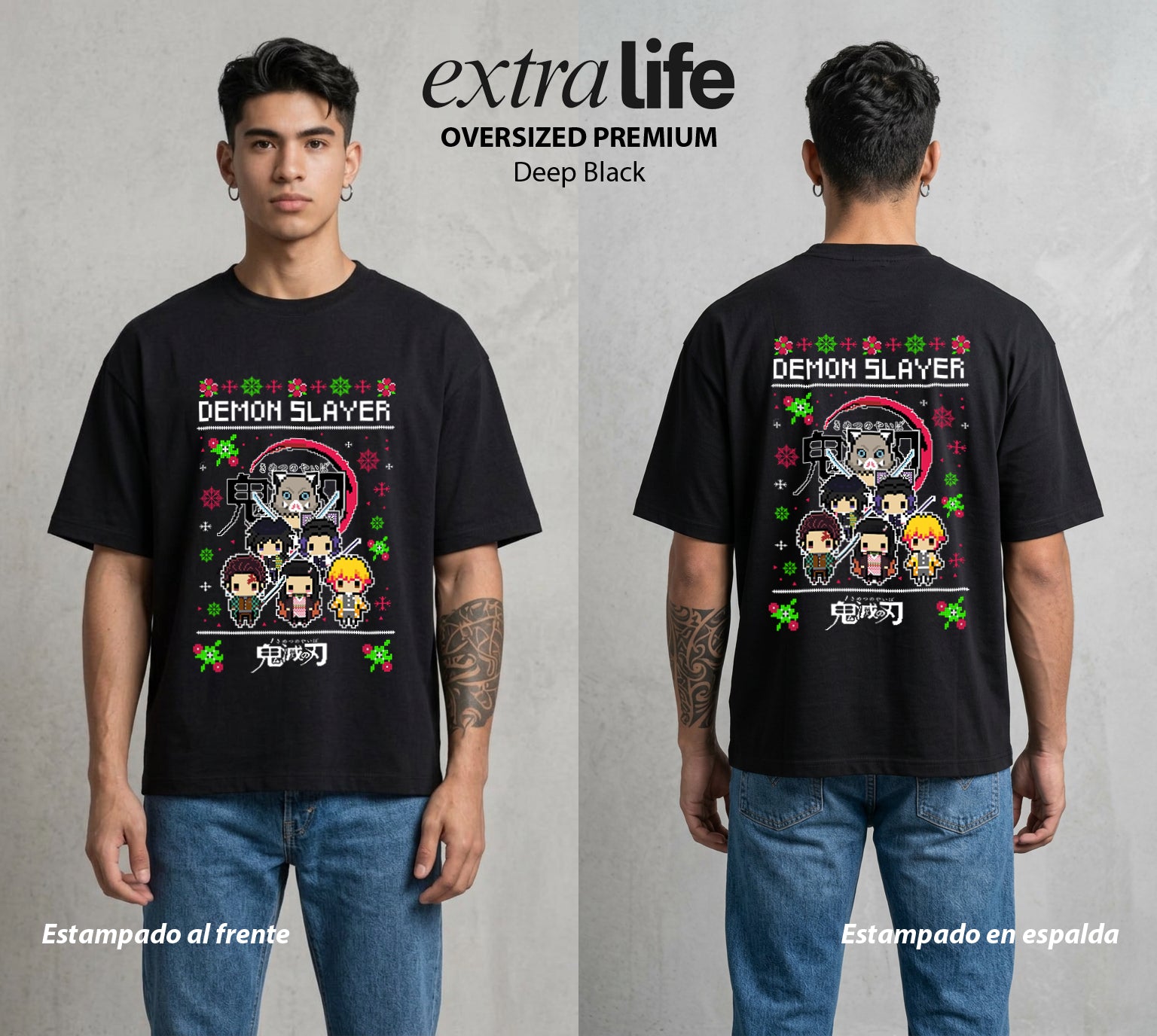 Cazadores de la Noche | La Fiesta de la Noche Navidad Gamer #01257 - Playera Oversized Premium | Deep Black - Foto en modelo