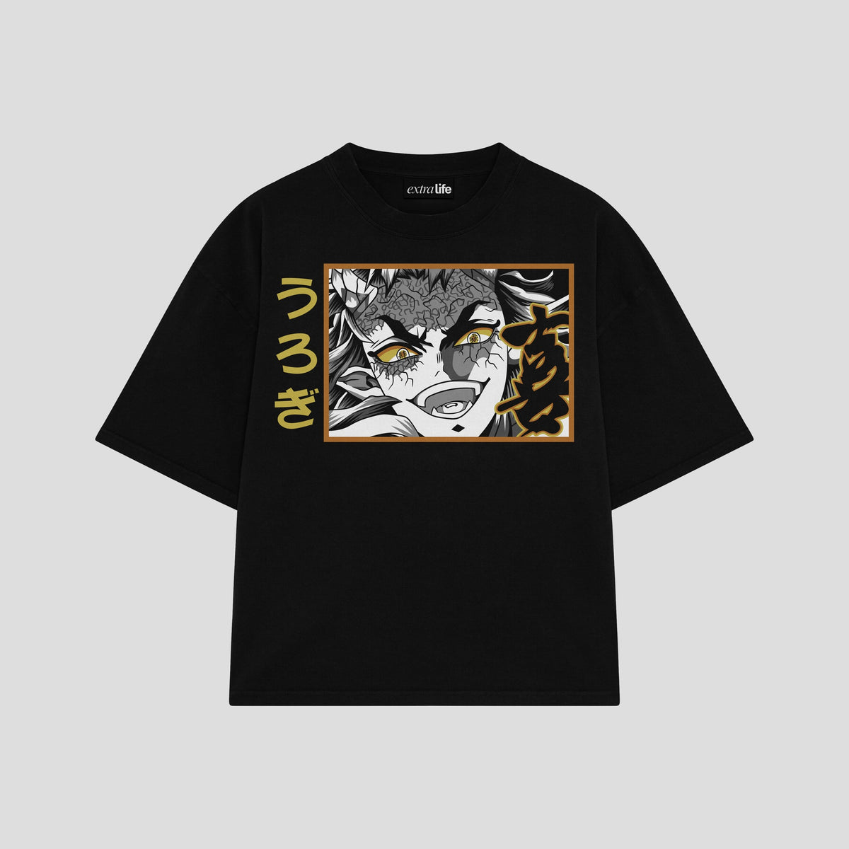 Playera streetwear premium de anime y gaming ExtraLife MX, corte oversized drop shoulder ligero y fresco en color Deep Black y Off-White, moda urbana mexicana de culto.