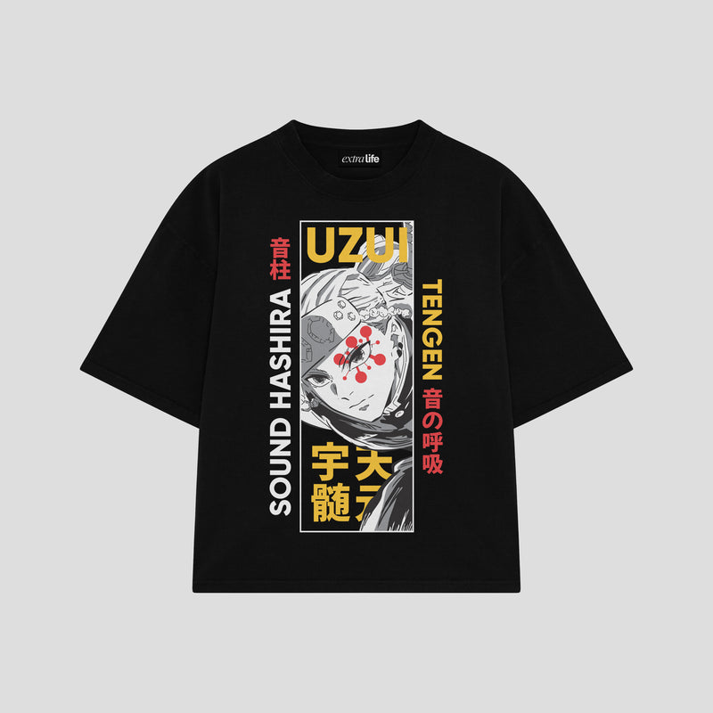 Playera streetwear premium de anime y gaming ExtraLife MX, corte boxy oversized drop shoulder heavyweight en color Deep Black y Off-White, moda urbana mexicana de culto.