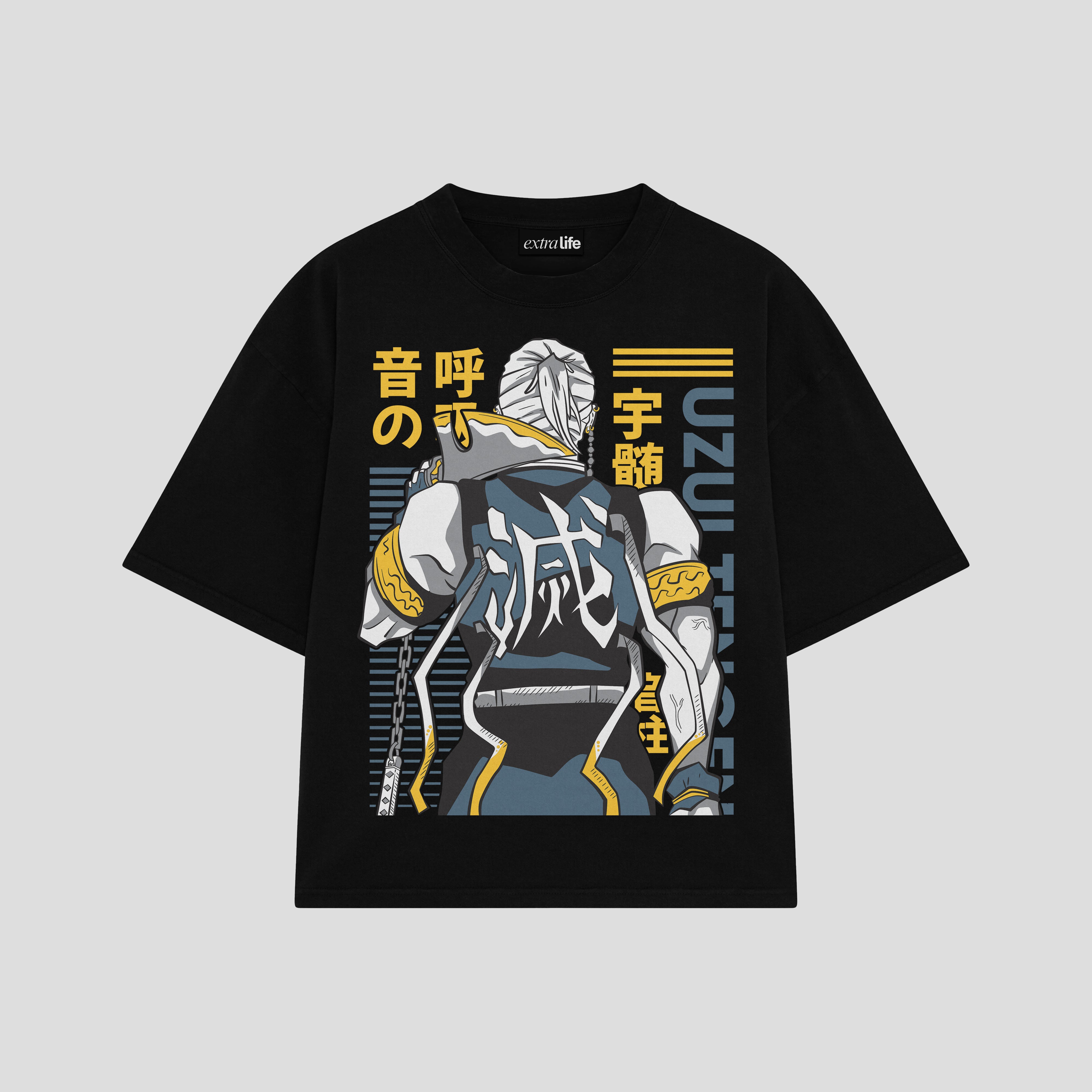 Playera streetwear premium de anime y gaming ExtraLife MX, corte boxy oversized drop shoulder heavyweight en color Deep Black y Off-White, moda urbana mexicana de culto.