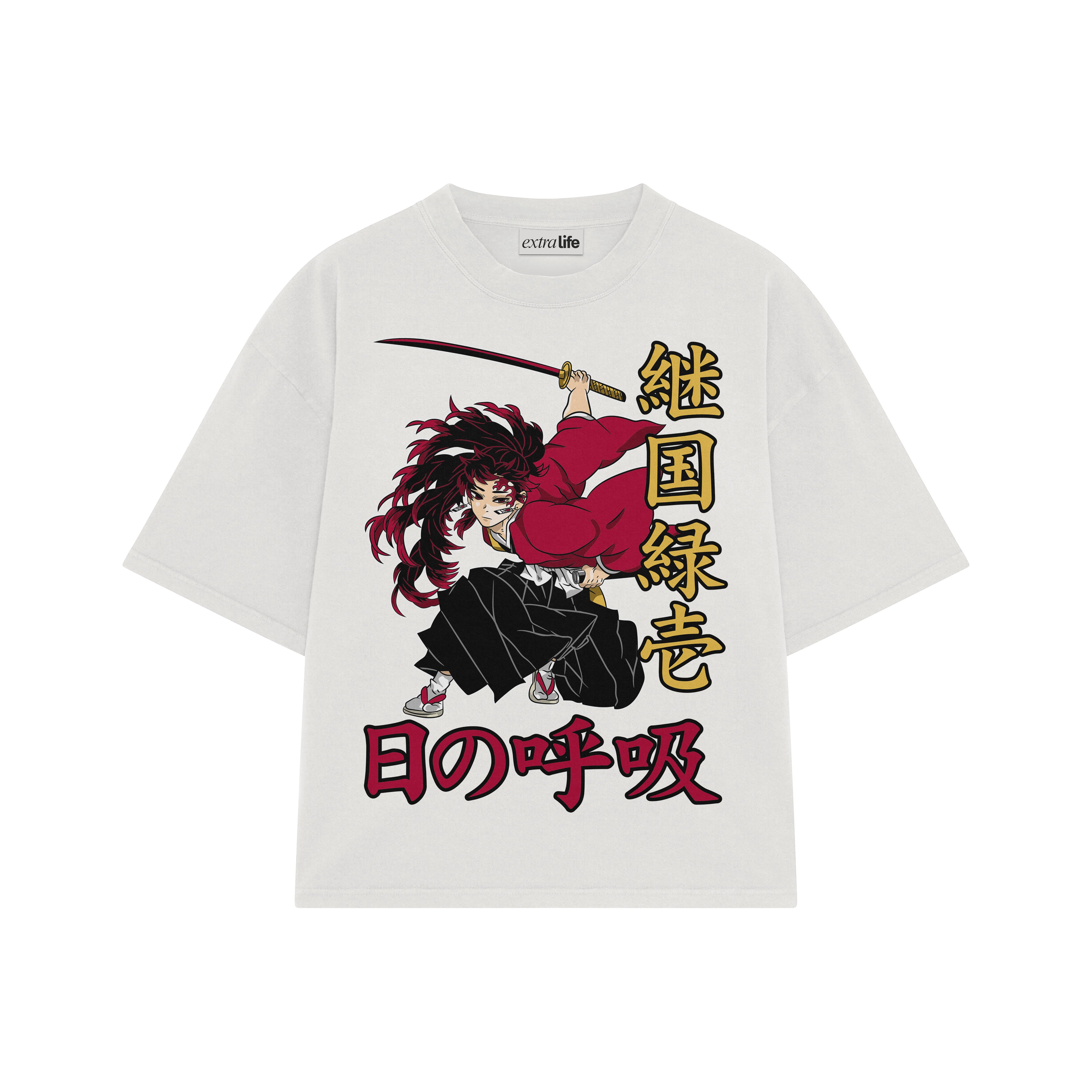 Playera streetwear premium de anime y gaming ExtraLife MX, corte boxy oversized drop shoulder heavyweight en color Deep Black y Off-White, moda urbana mexicana de culto.