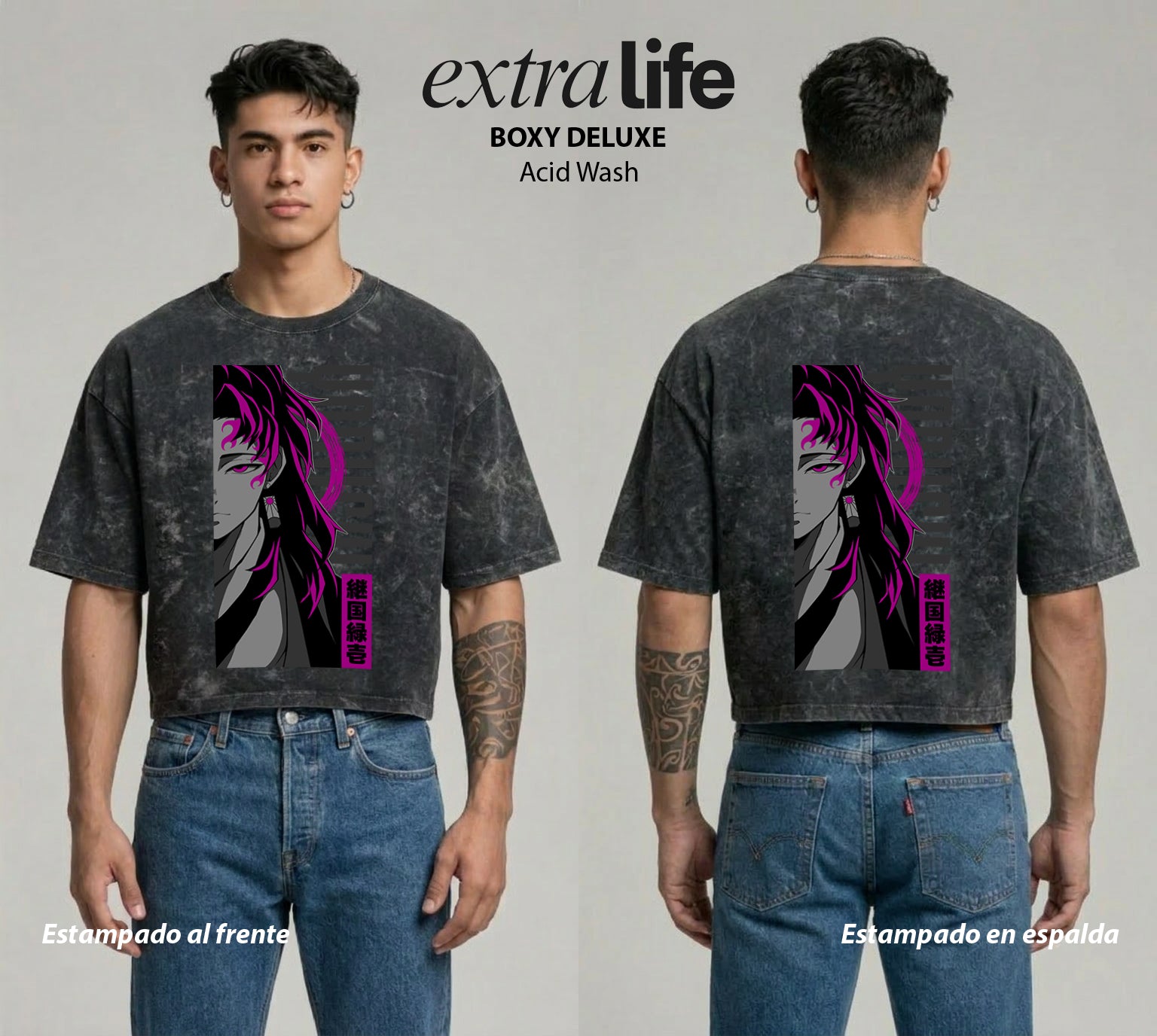 Playera streetwear premium de anime y gaming ExtraLife MX, corte boxy deluxe mineral wash heavyweight en color Acid Wash, moda urbana mexicana de culto.