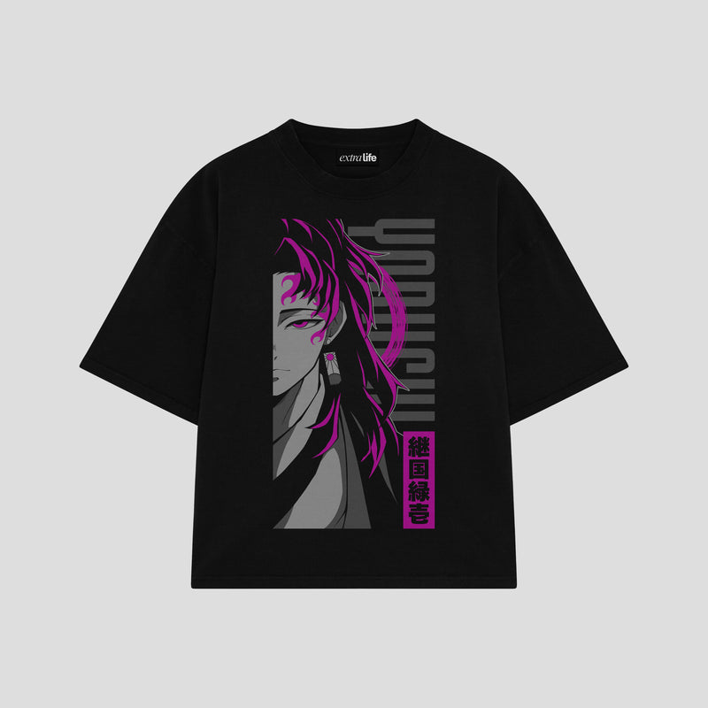 Playera streetwear premium de anime y gaming ExtraLife MX, corte boxy oversized drop shoulder heavyweight en color Deep Black y Off-White, moda urbana mexicana de culto.