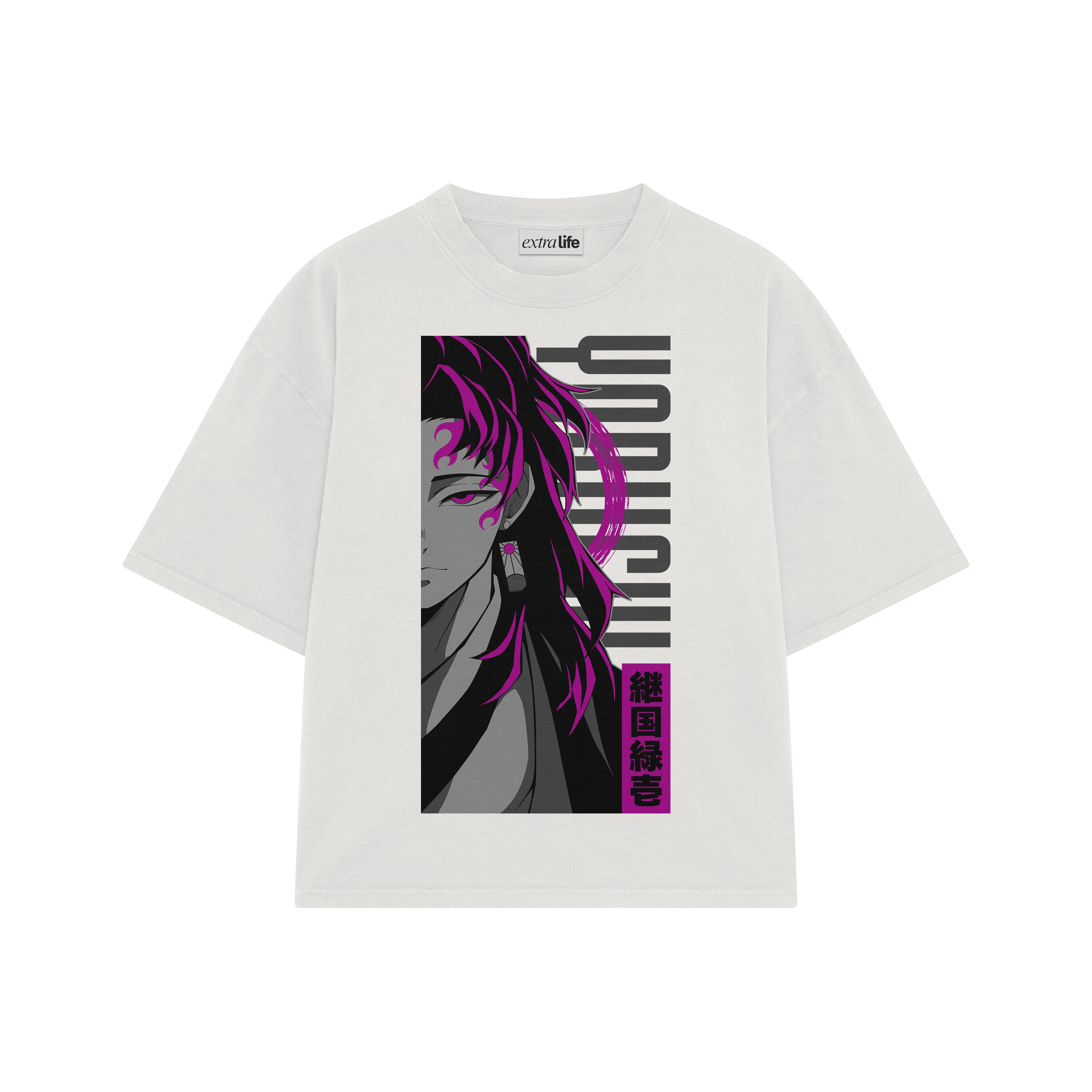 Playera streetwear premium de anime y gaming ExtraLife MX, corte boxy oversized drop shoulder heavyweight en color Deep Black y Off-White, moda urbana mexicana de culto.