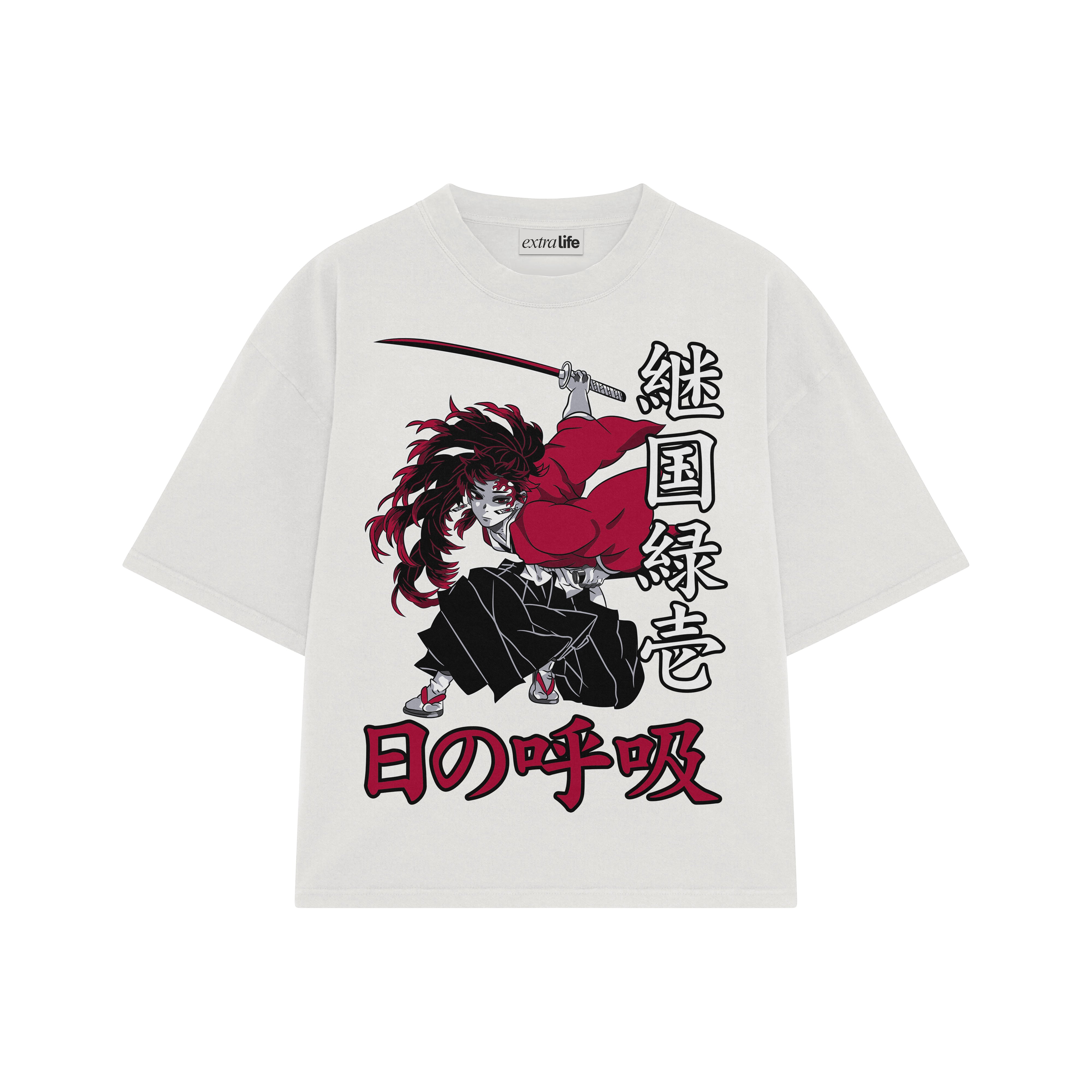 Playera streetwear premium de anime y gaming ExtraLife MX, corte boxy oversized drop shoulder heavyweight en color Deep Black y Off-White, moda urbana mexicana de culto.