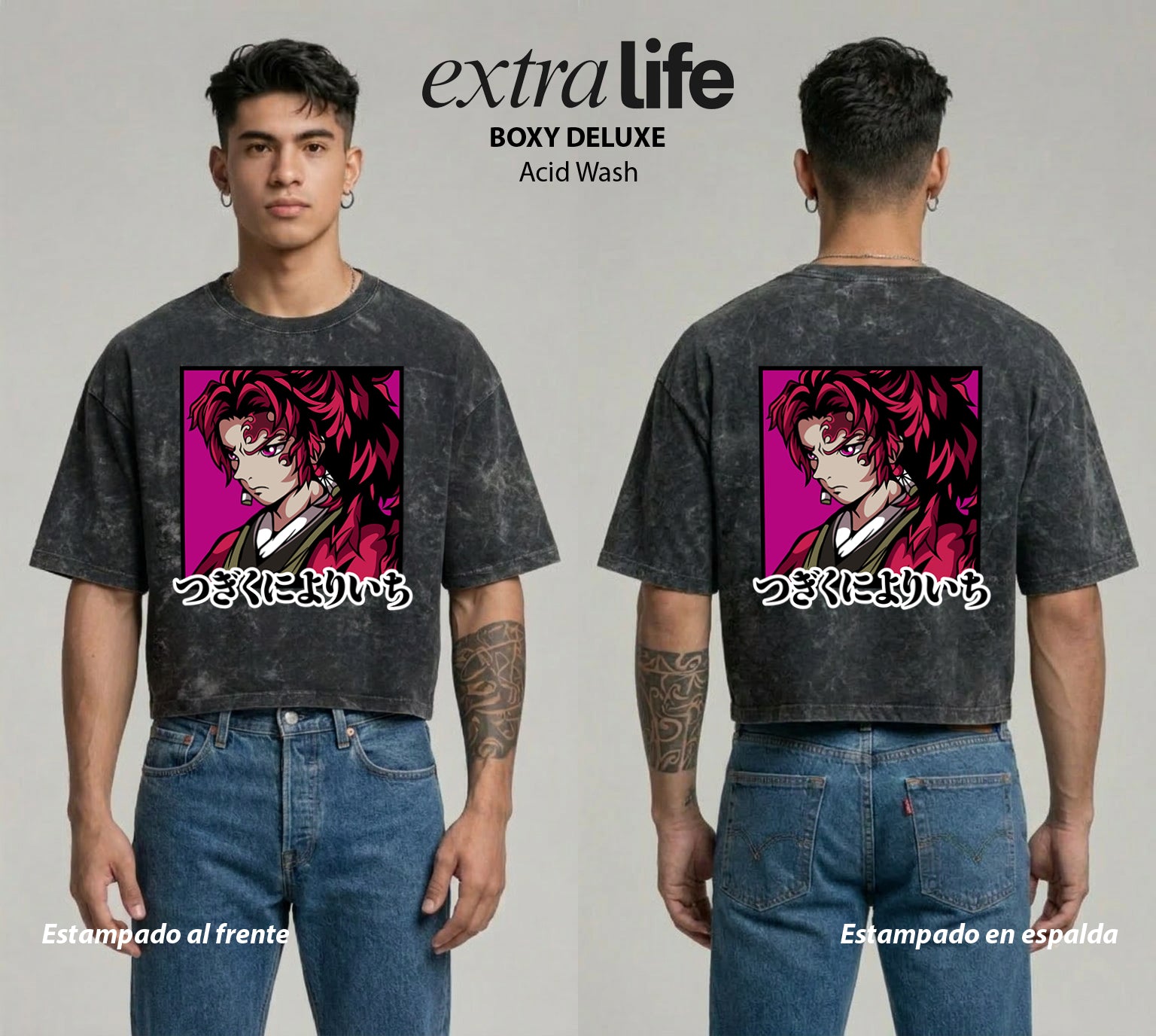 Playera streetwear premium de anime y gaming ExtraLife MX, corte boxy deluxe mineral wash heavyweight en color Acid Wash, moda urbana mexicana de culto.