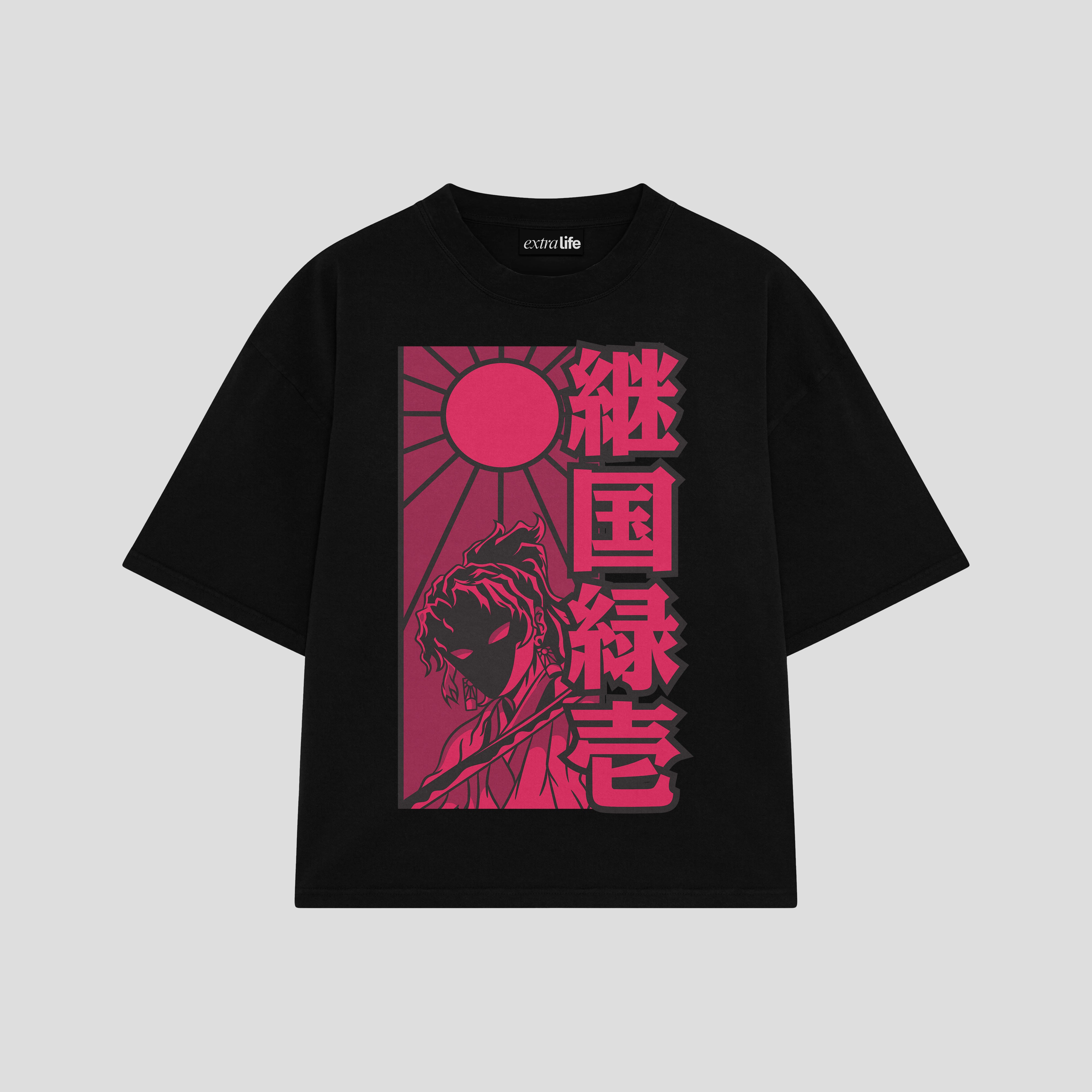 Playera streetwear premium de anime y gaming ExtraLife MX, corte boxy oversized drop shoulder heavyweight en color Deep Black y Off-White, moda urbana mexicana de culto.