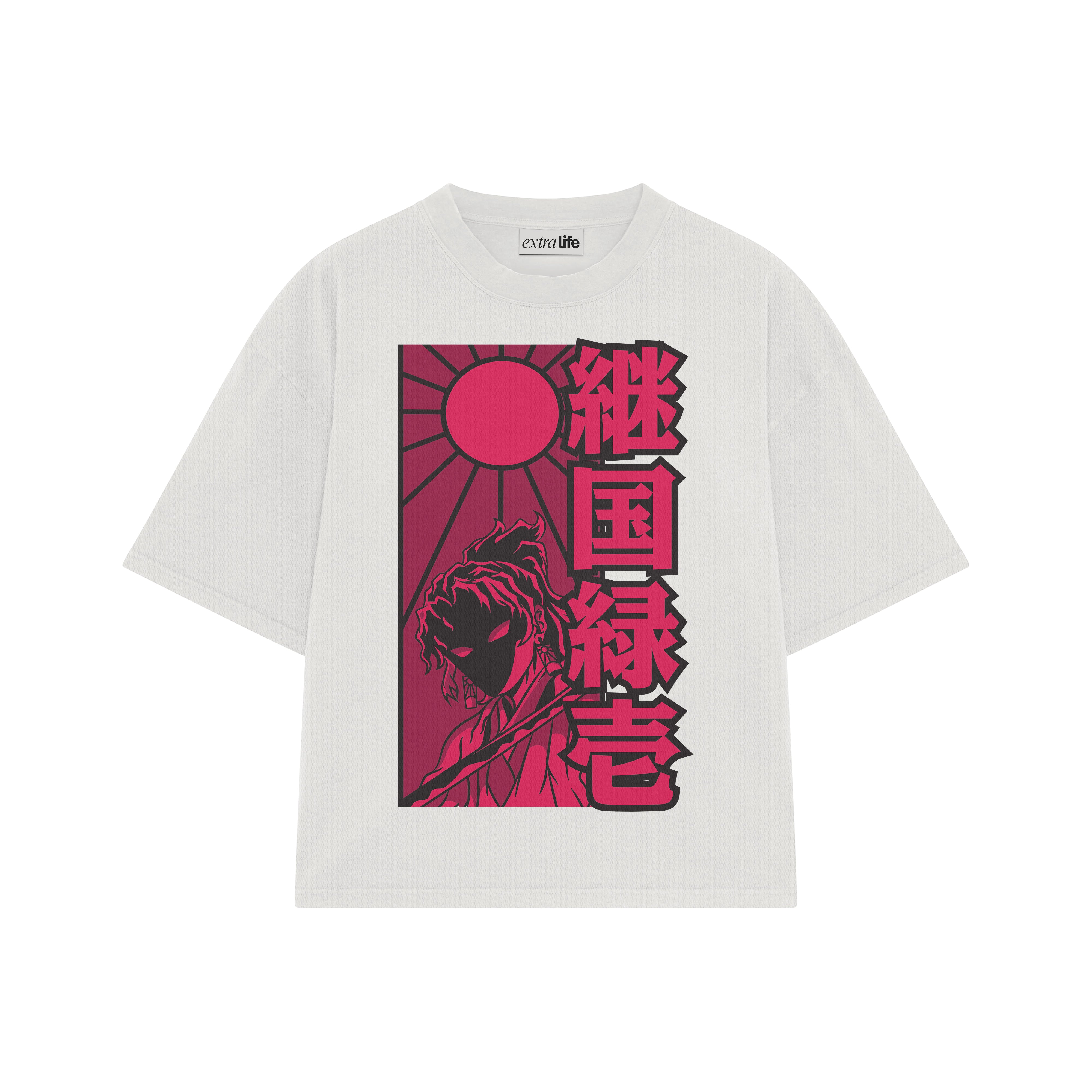 Playera streetwear premium de anime y gaming ExtraLife MX, corte boxy oversized drop shoulder heavyweight en color Deep Black y Off-White, moda urbana mexicana de culto.