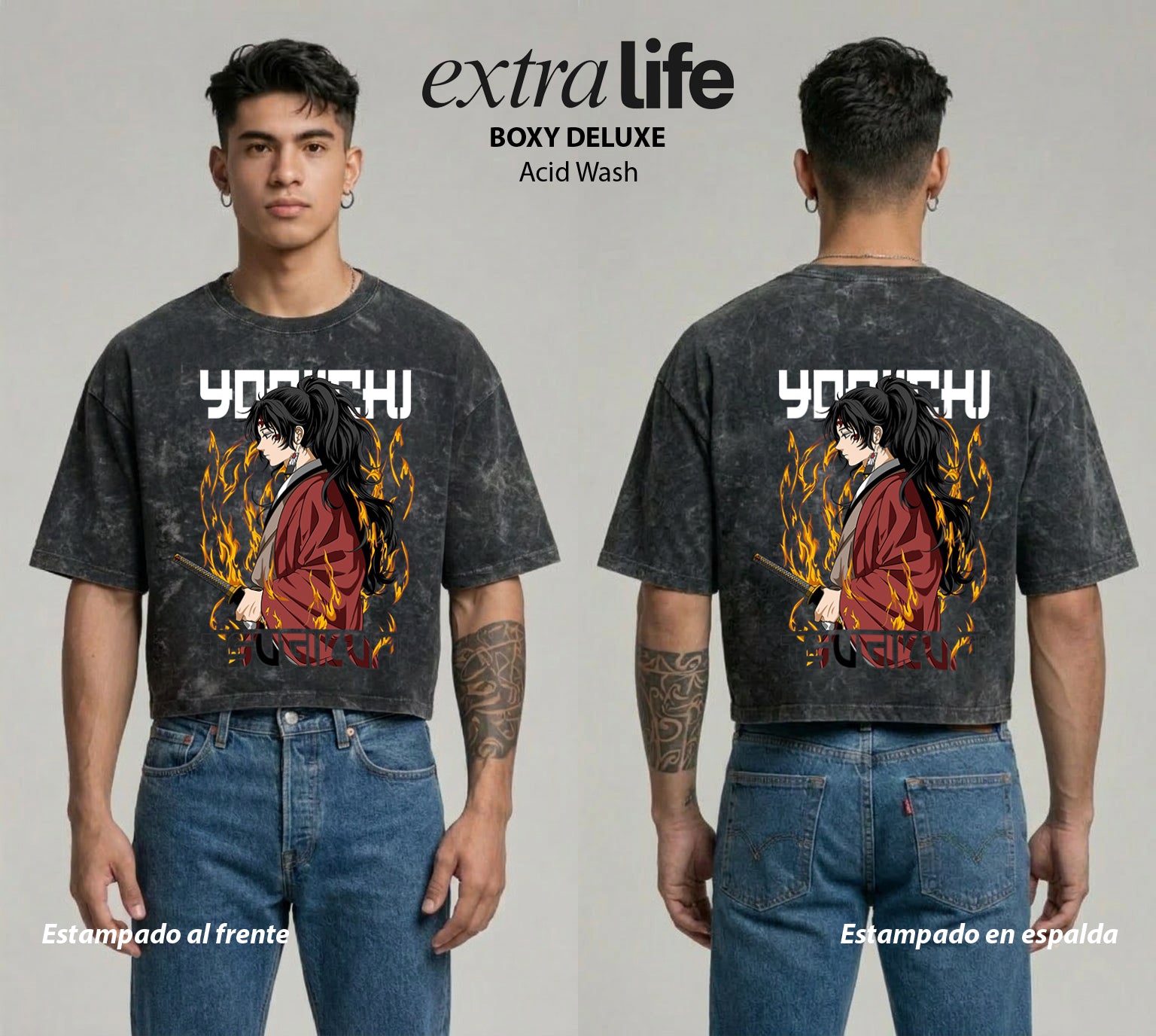 Playera streetwear premium de anime y gaming ExtraLife MX, corte boxy deluxe mineral wash heavyweight en color Acid Wash, moda urbana mexicana de culto.
