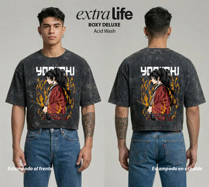 Playera streetwear premium de anime y gaming ExtraLife MX, corte boxy deluxe mineral wash heavyweight en color Acid Wash, moda urbana mexicana de culto.