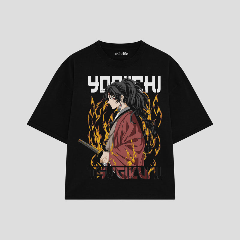 Playera streetwear premium de anime y gaming ExtraLife MX, corte boxy oversized drop shoulder heavyweight en color Deep Black y Off-White, moda urbana mexicana de culto.