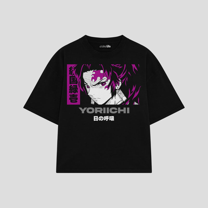 Playera streetwear premium de anime y gaming ExtraLife MX, corte boxy oversized drop shoulder heavyweight en color Deep Black y Off-White, moda urbana mexicana de culto.