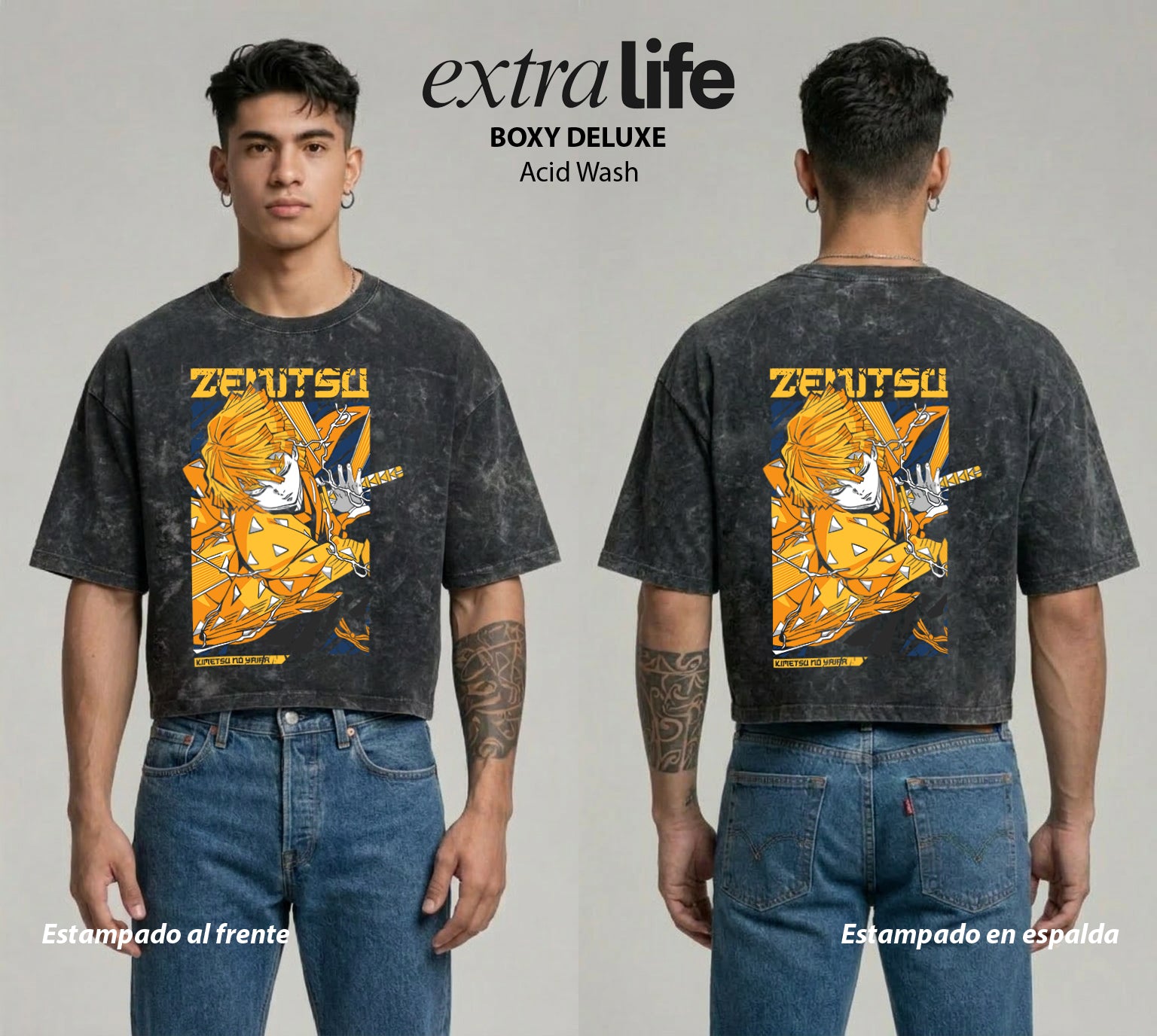 Playera streetwear premium de anime y gaming ExtraLife MX, corte boxy deluxe mineral wash heavyweight en color Acid Wash, moda urbana mexicana de culto.