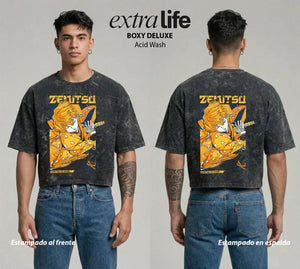 Playera streetwear premium de anime y gaming ExtraLife MX, corte boxy deluxe mineral wash heavyweight en color Acid Wash, moda urbana mexicana de culto.