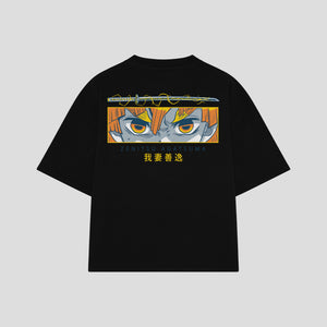 Playera streetwear premium de anime y gaming ExtraLife MX, corte boxy oversized drop shoulder heavyweight en color Deep Black y Off-White, moda urbana mexicana de culto.