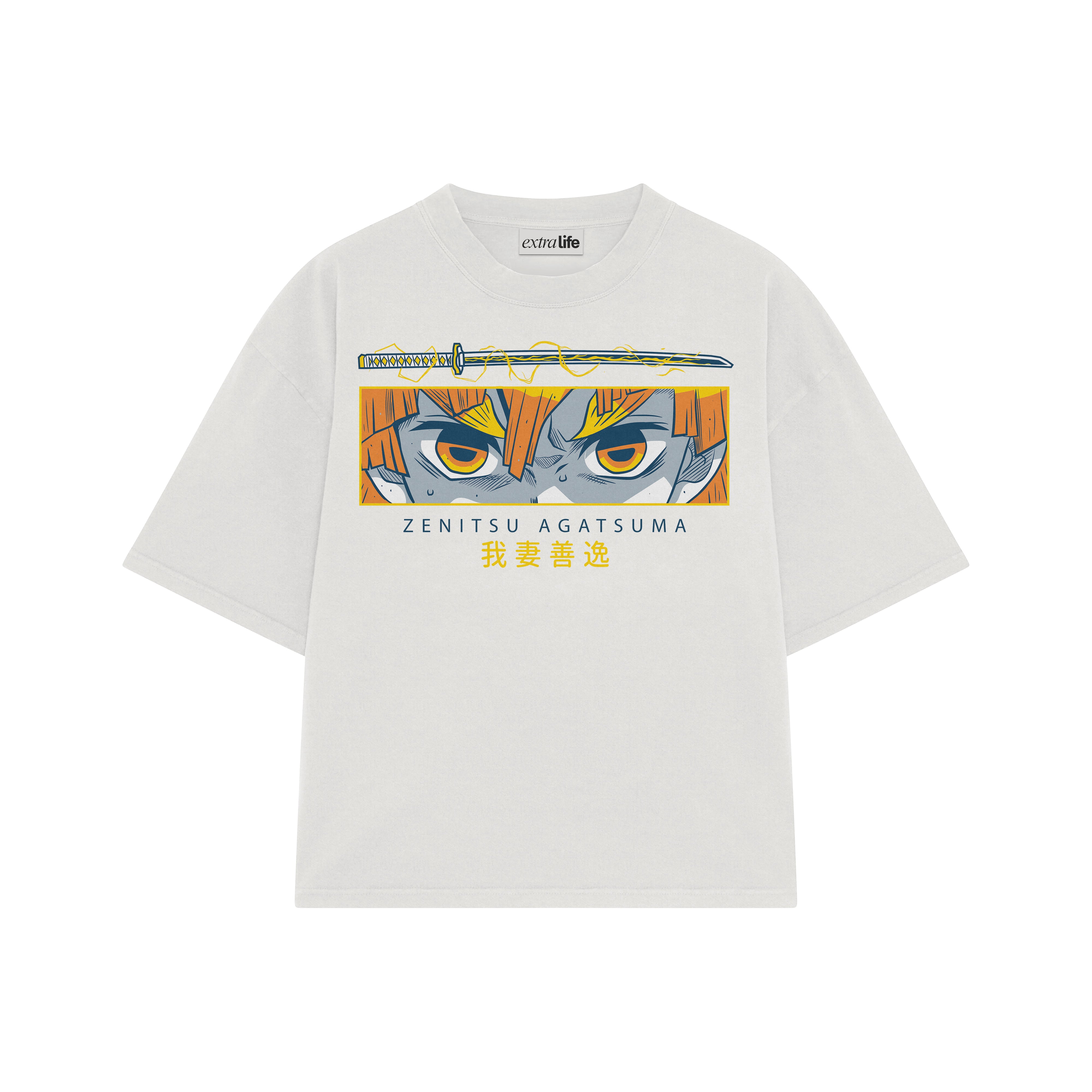 Playera streetwear premium de anime y gaming ExtraLife MX, corte boxy oversized drop shoulder heavyweight en color Deep Black y Off-White, moda urbana mexicana de culto.