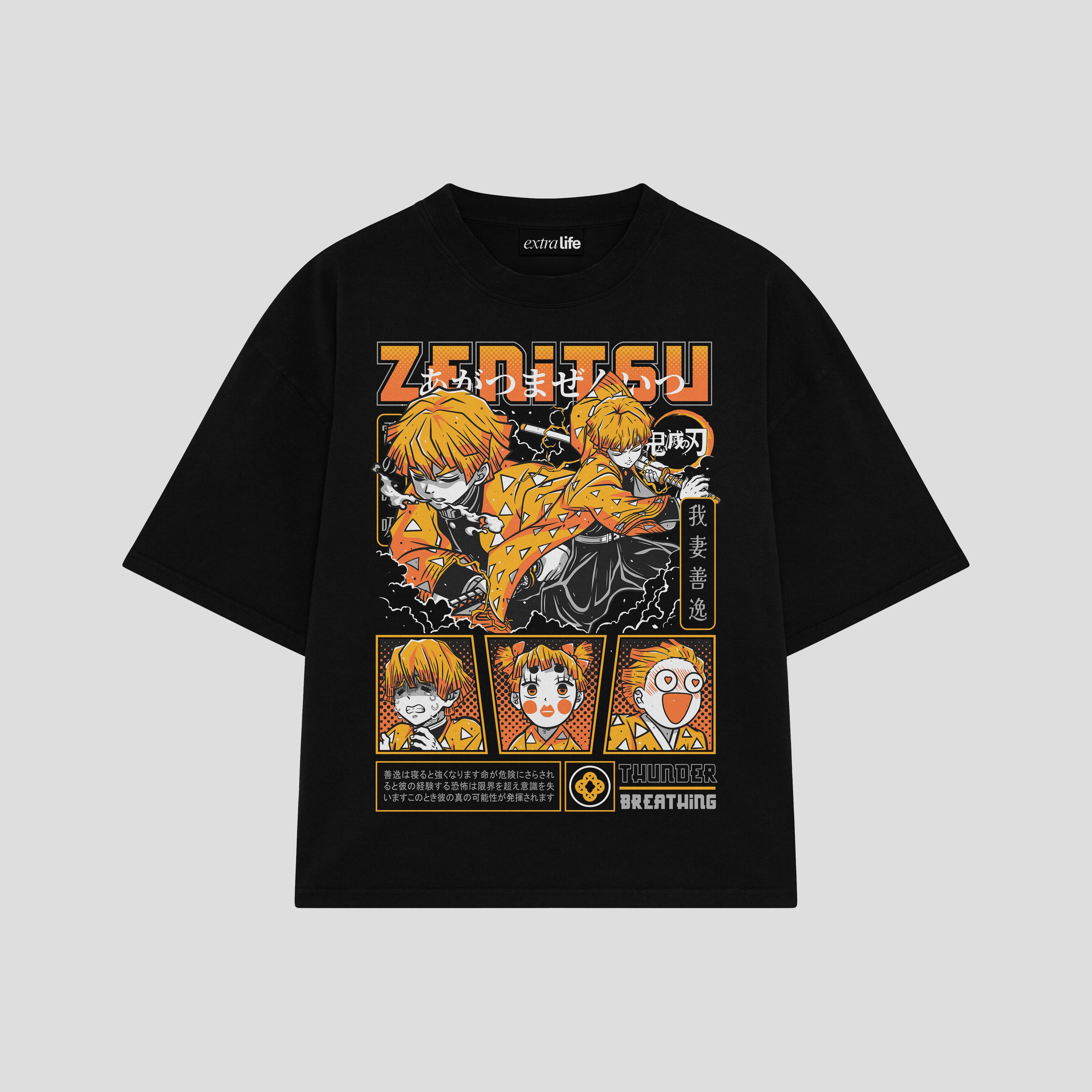 Playera streetwear premium de anime y gaming ExtraLife MX, corte boxy oversized drop shoulder heavyweight en color Deep Black y Off-White, moda urbana mexicana de culto.