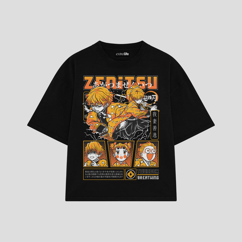 Playera streetwear premium de anime y gaming ExtraLife MX, corte boxy oversized drop shoulder heavyweight en color Deep Black y Off-White, moda urbana mexicana de culto.