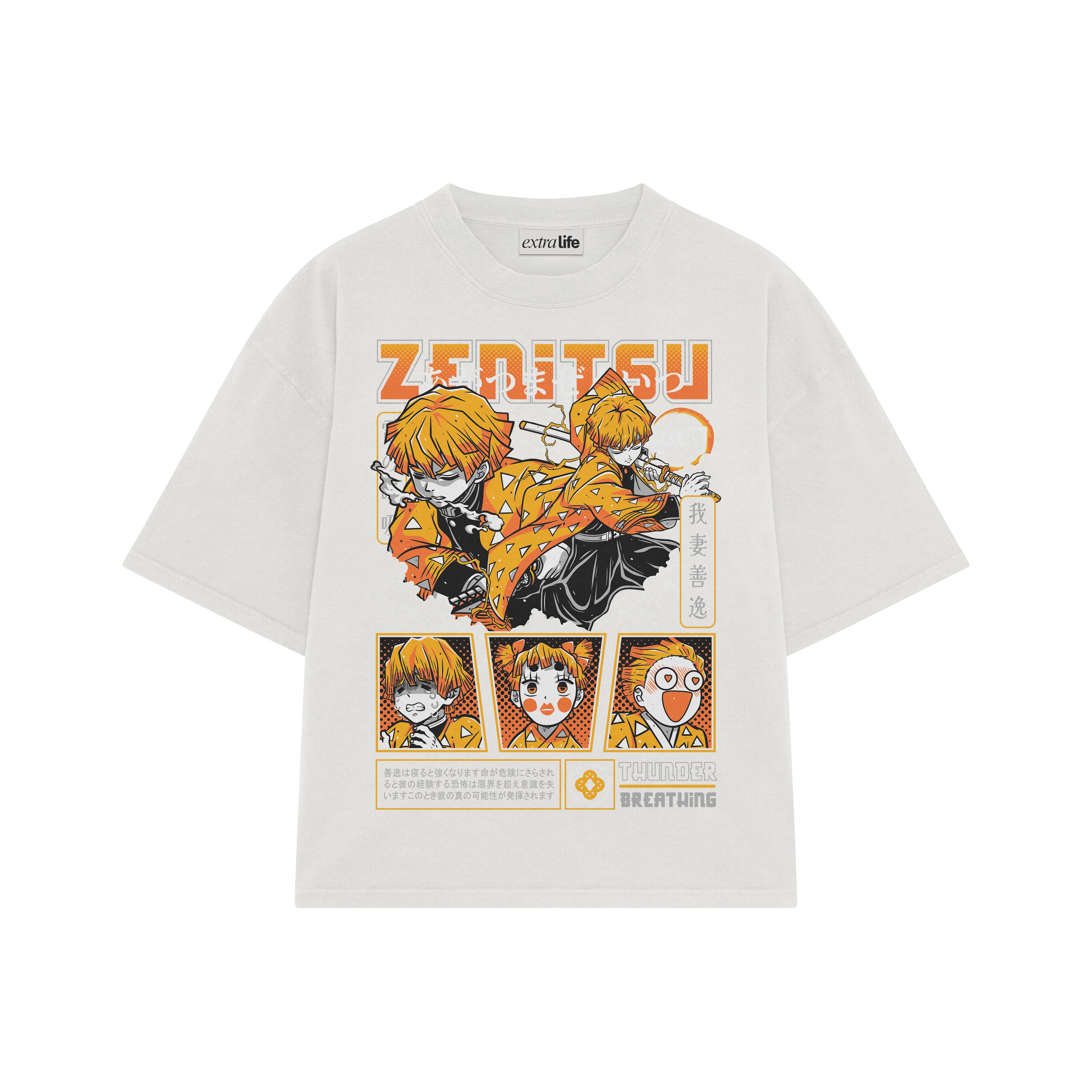 Playera streetwear premium de anime y gaming ExtraLife MX, corte boxy oversized drop shoulder heavyweight en color Deep Black y Off-White, moda urbana mexicana de culto.