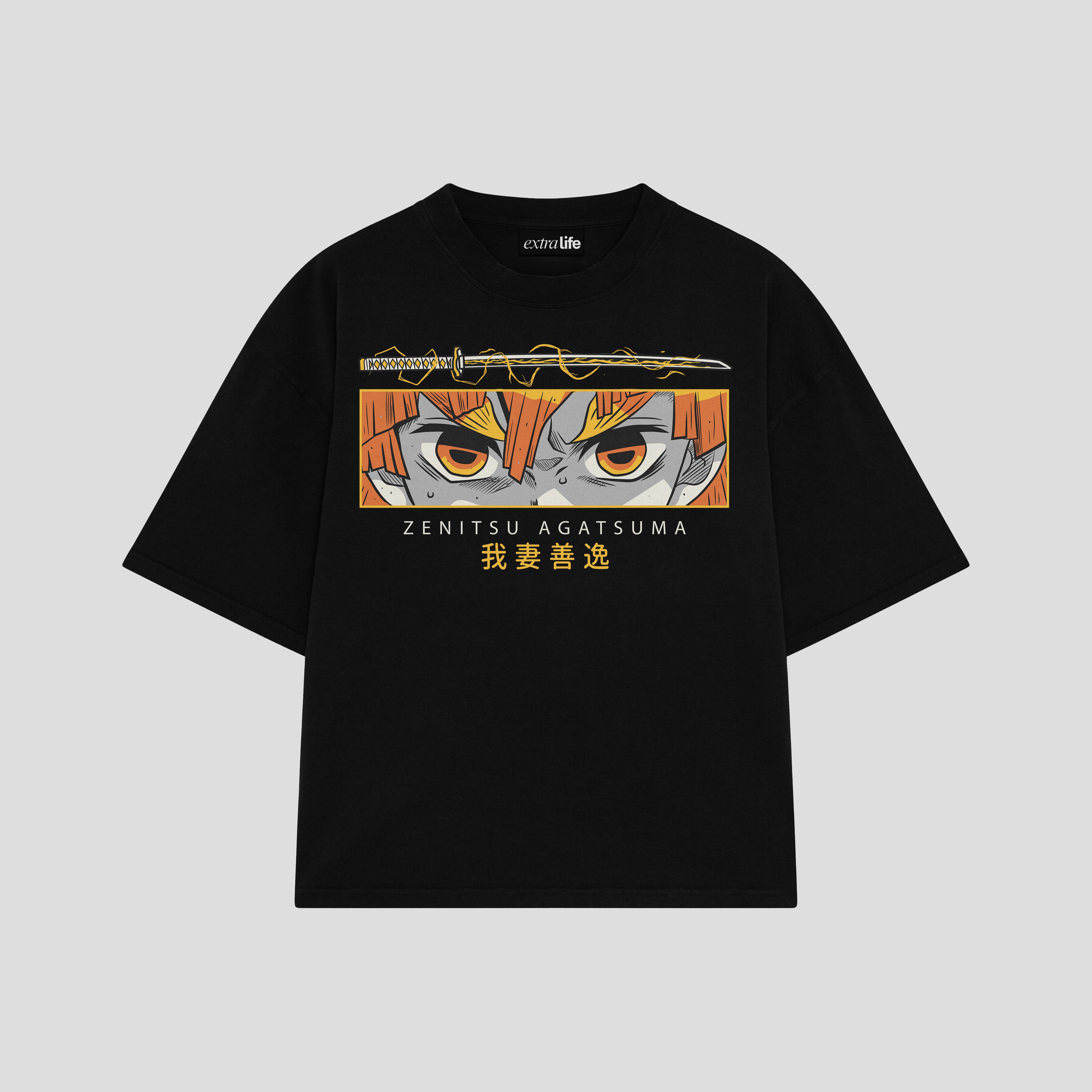 Playera streetwear premium de anime y gaming ExtraLife MX, corte boxy oversized drop shoulder heavyweight en color Deep Black y Off-White, moda urbana mexicana de culto.