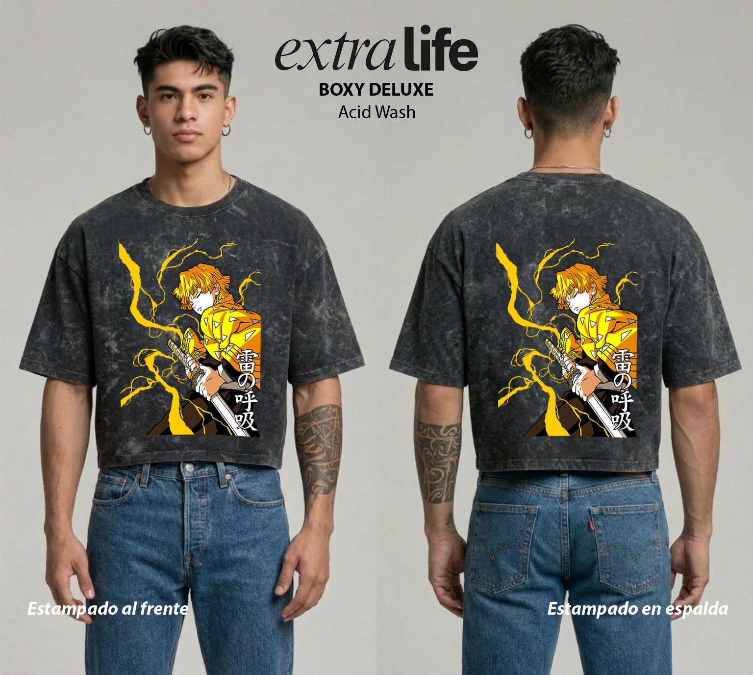 Playera streetwear premium de anime y gaming ExtraLife MX, corte boxy deluxe mineral wash heavyweight en color Acid Wash, moda urbana mexicana de culto.