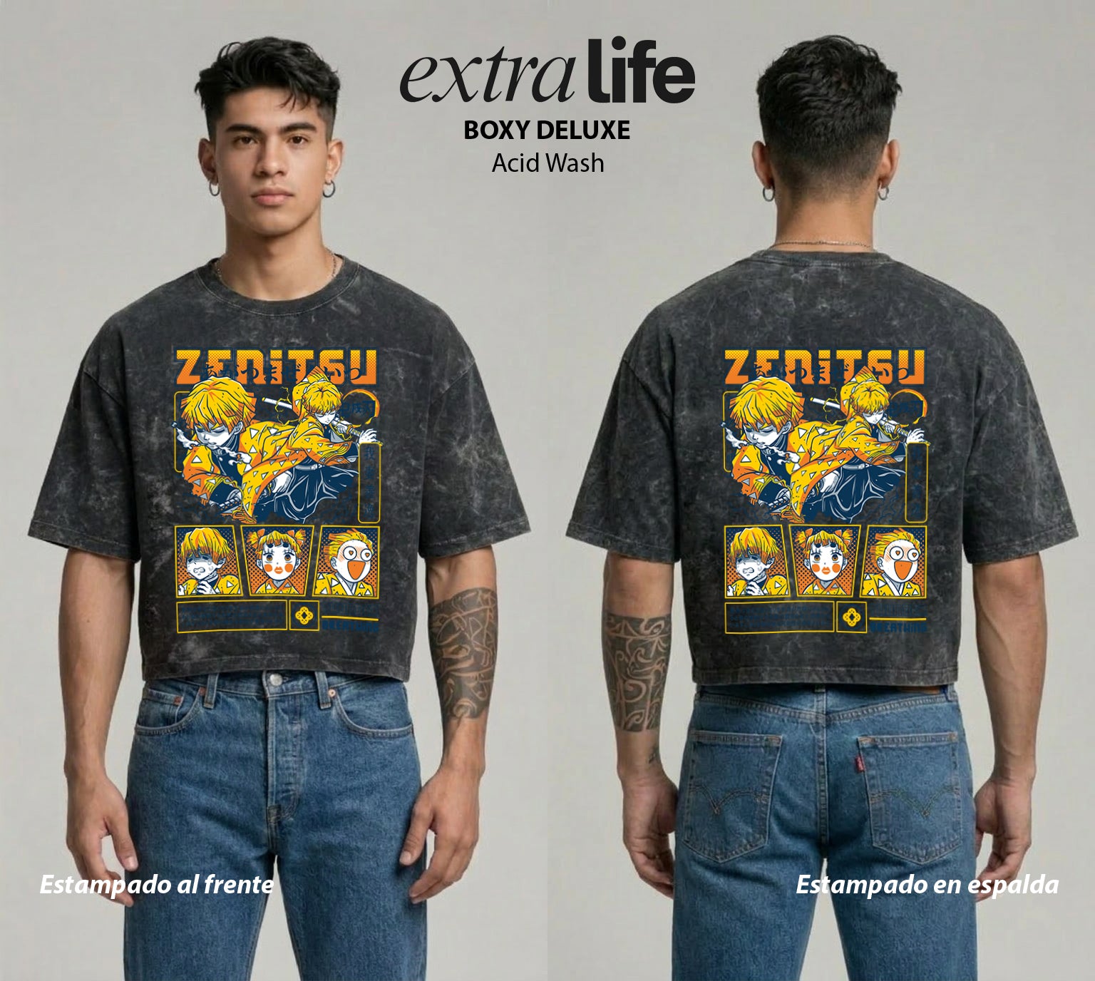 Playera streetwear premium de anime y gaming ExtraLife MX, corte boxy deluxe mineral wash heavyweight en color Acid Wash, moda urbana mexicana de culto.