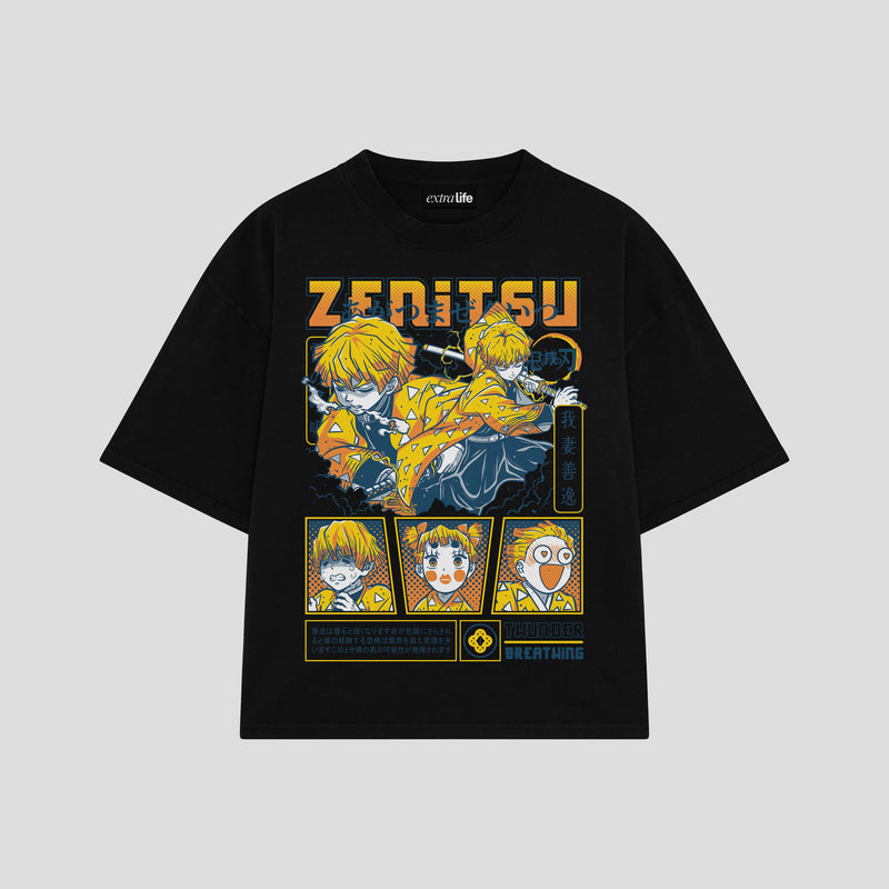 Playera streetwear premium de anime y gaming ExtraLife MX, corte boxy oversized drop shoulder heavyweight en color Deep Black y Off-White, moda urbana mexicana de culto.