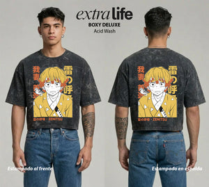 Playera streetwear premium de anime y gaming ExtraLife MX, corte boxy deluxe mineral wash heavyweight en color Acid Wash, moda urbana mexicana de culto.