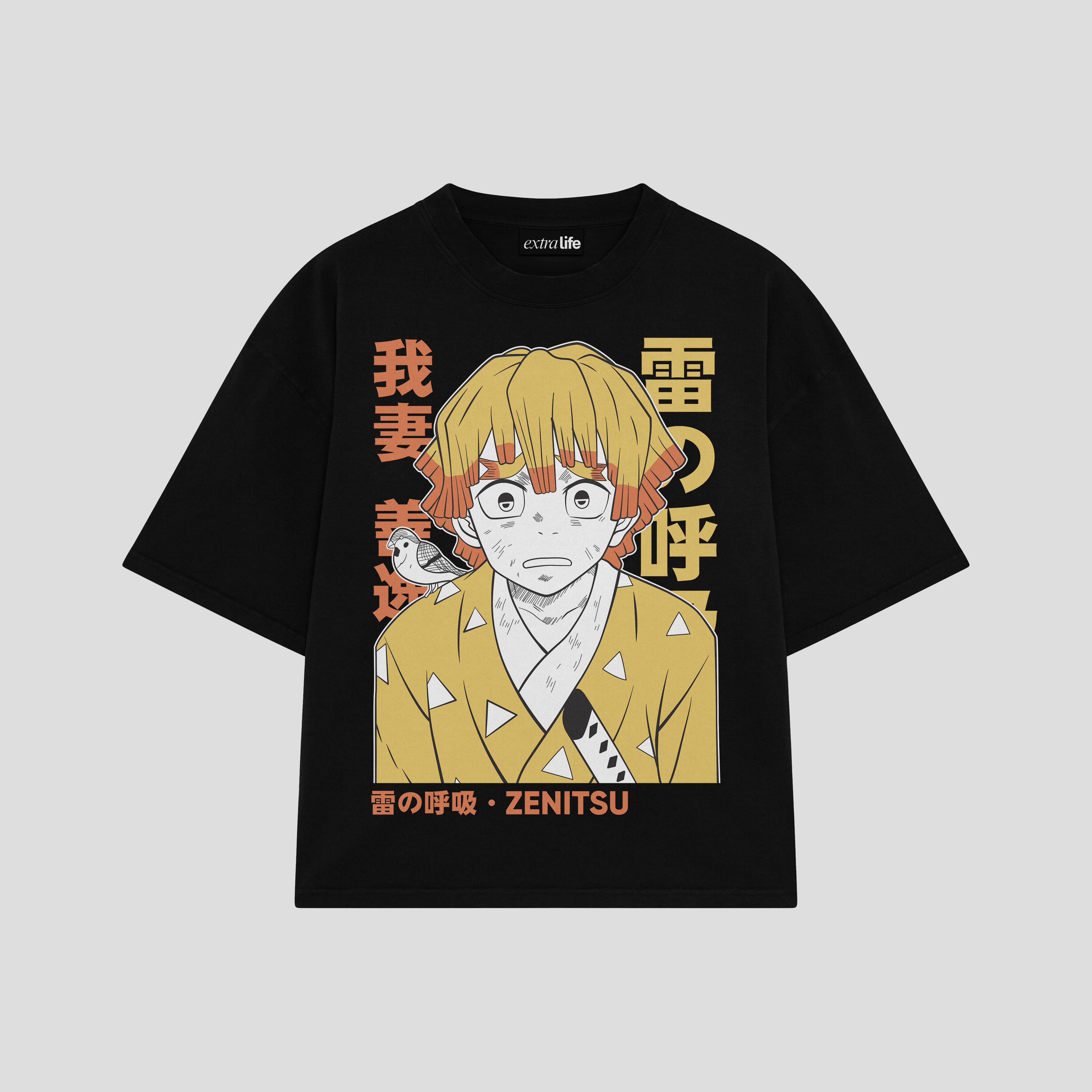 Playera streetwear premium de anime y gaming ExtraLife MX, corte boxy oversized drop shoulder heavyweight en color Deep Black y Off-White, moda urbana mexicana de culto.
